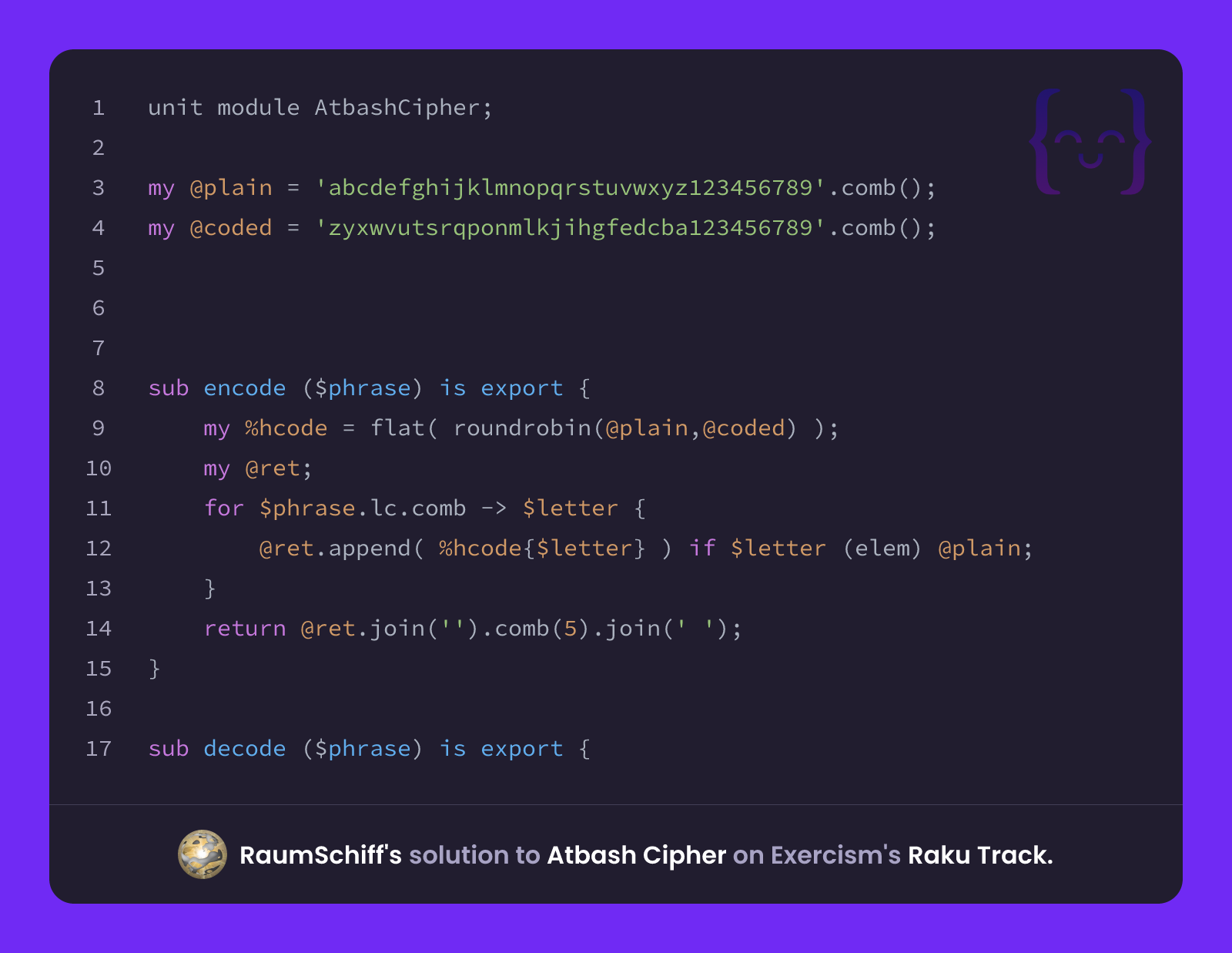 RaumSchiff's solution for Atbash Cipher in Raku on Exercism