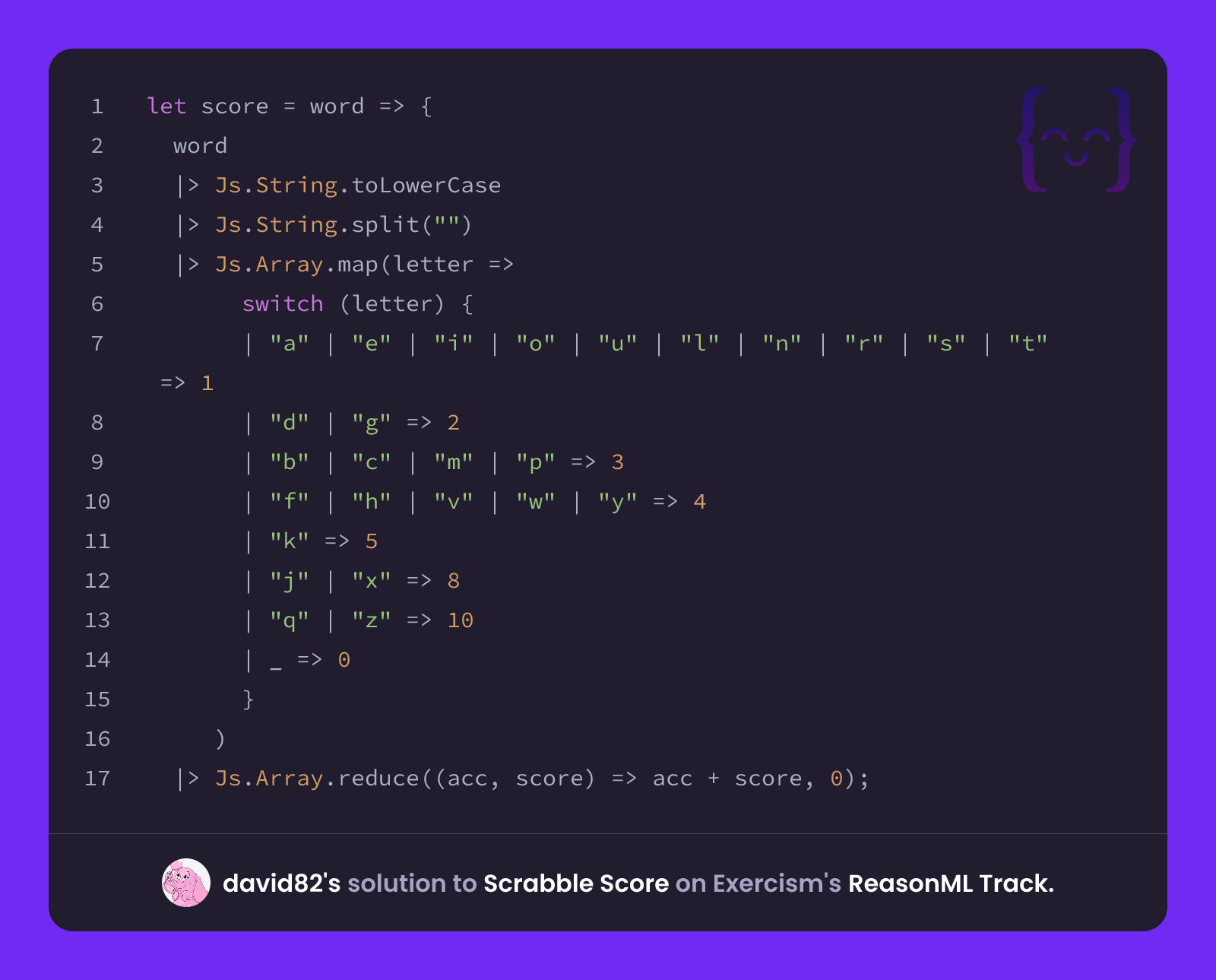 david82's solution for Scrabble Score in ReasonML on Exercism