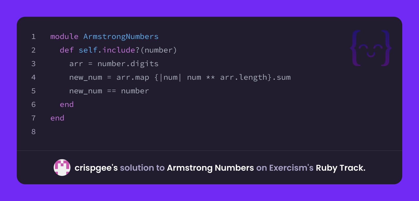 crispgee's solution for Armstrong Numbers in Ruby on Exercism