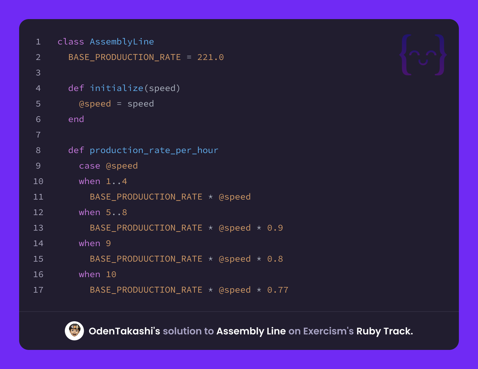 OdenTakashi's solution for Assembly Line in Ruby on Exercism