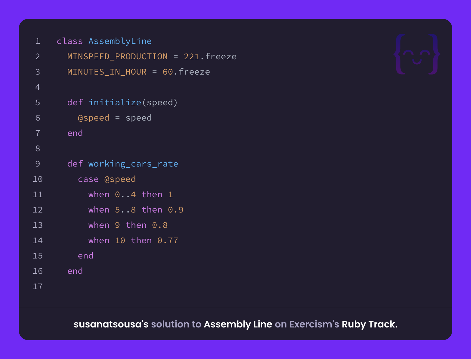 susanatsousa's solution for Assembly Line in Ruby on Exercism