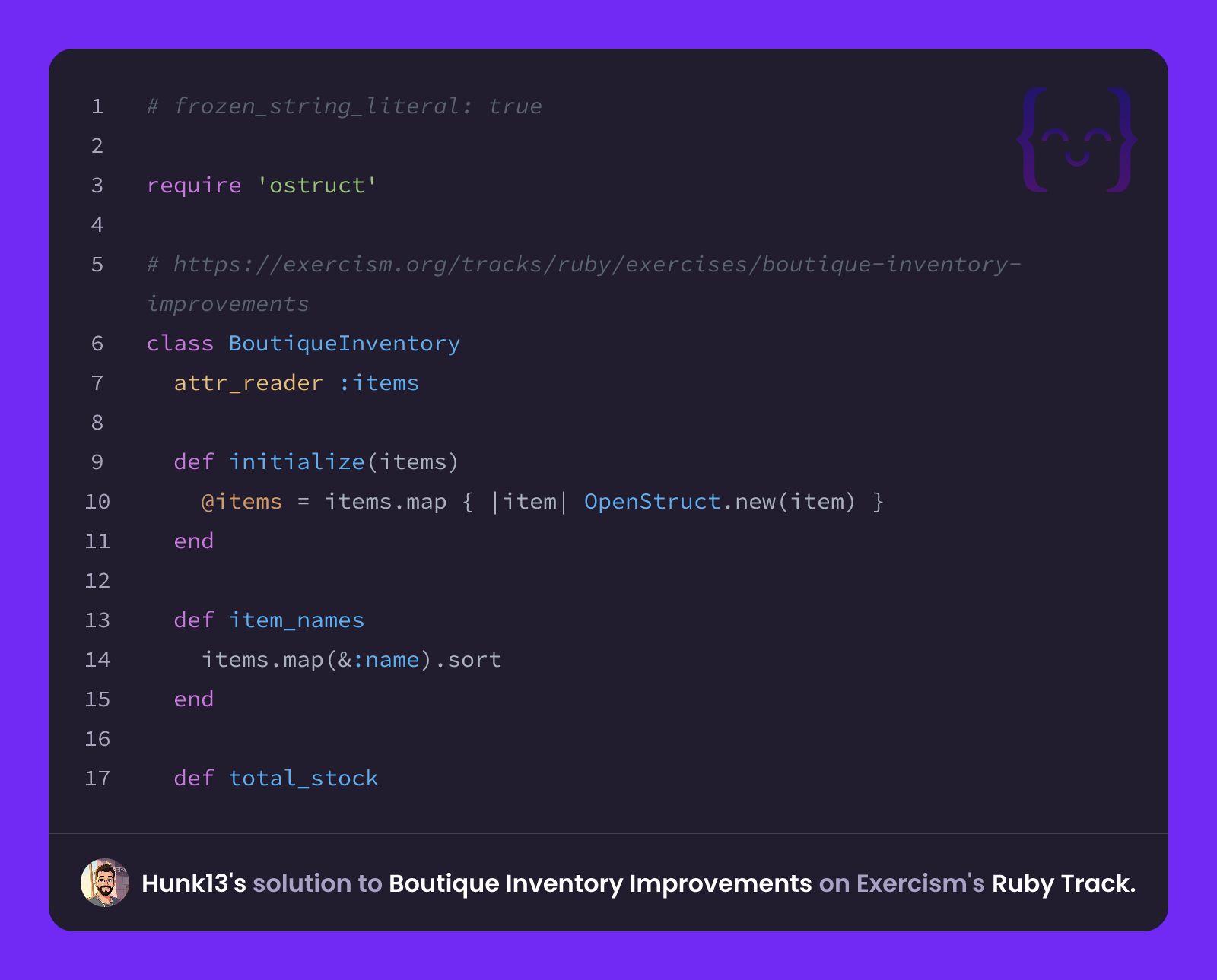 Hunk13's solution for Boutique Inventory Improvements in Ruby on Exercism