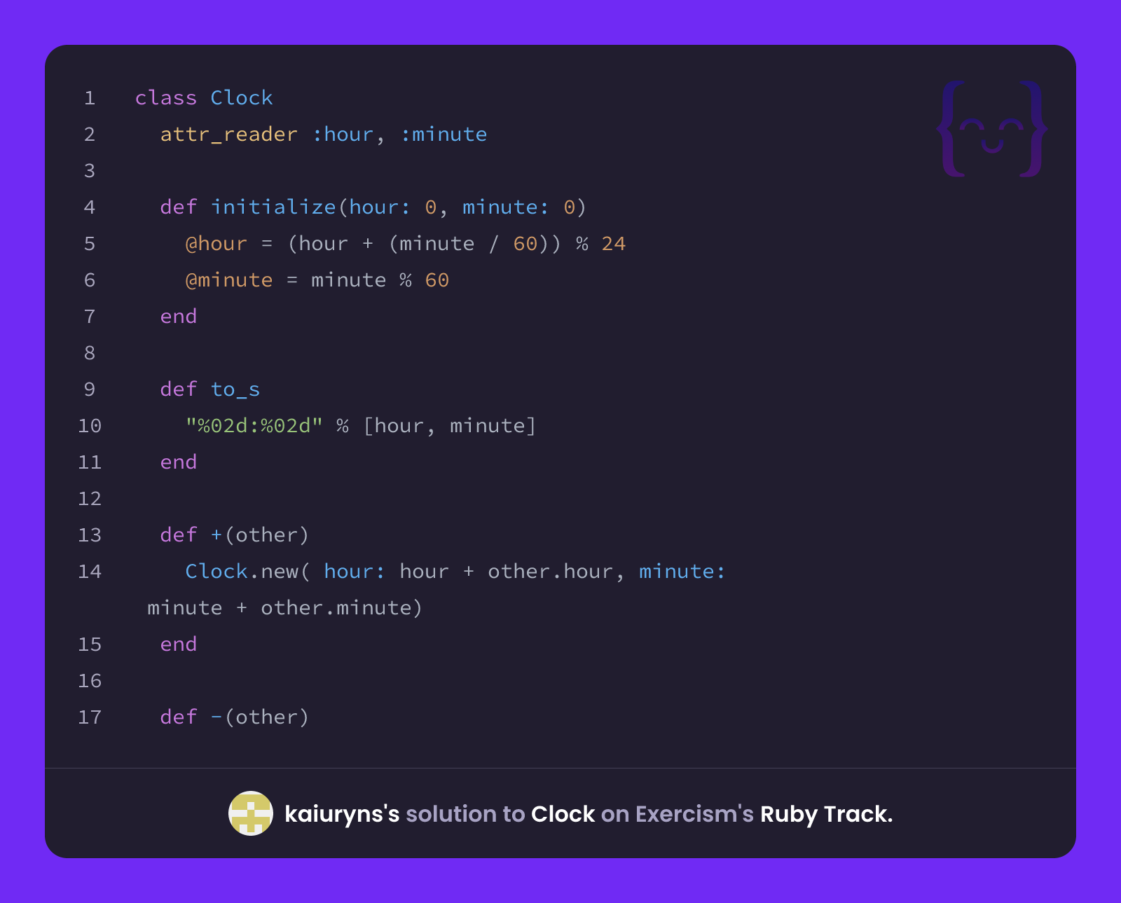 kaiuryns's solution for Clock in Ruby on Exercism
