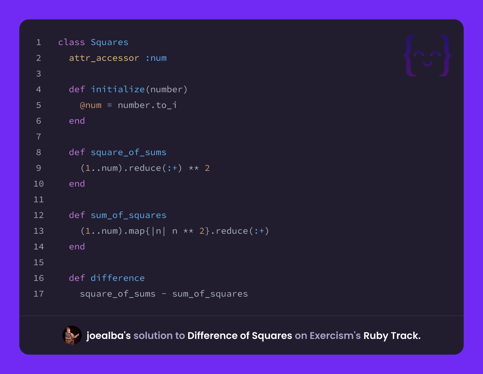 joealba's solution for Difference of Squares in Ruby on Exercism