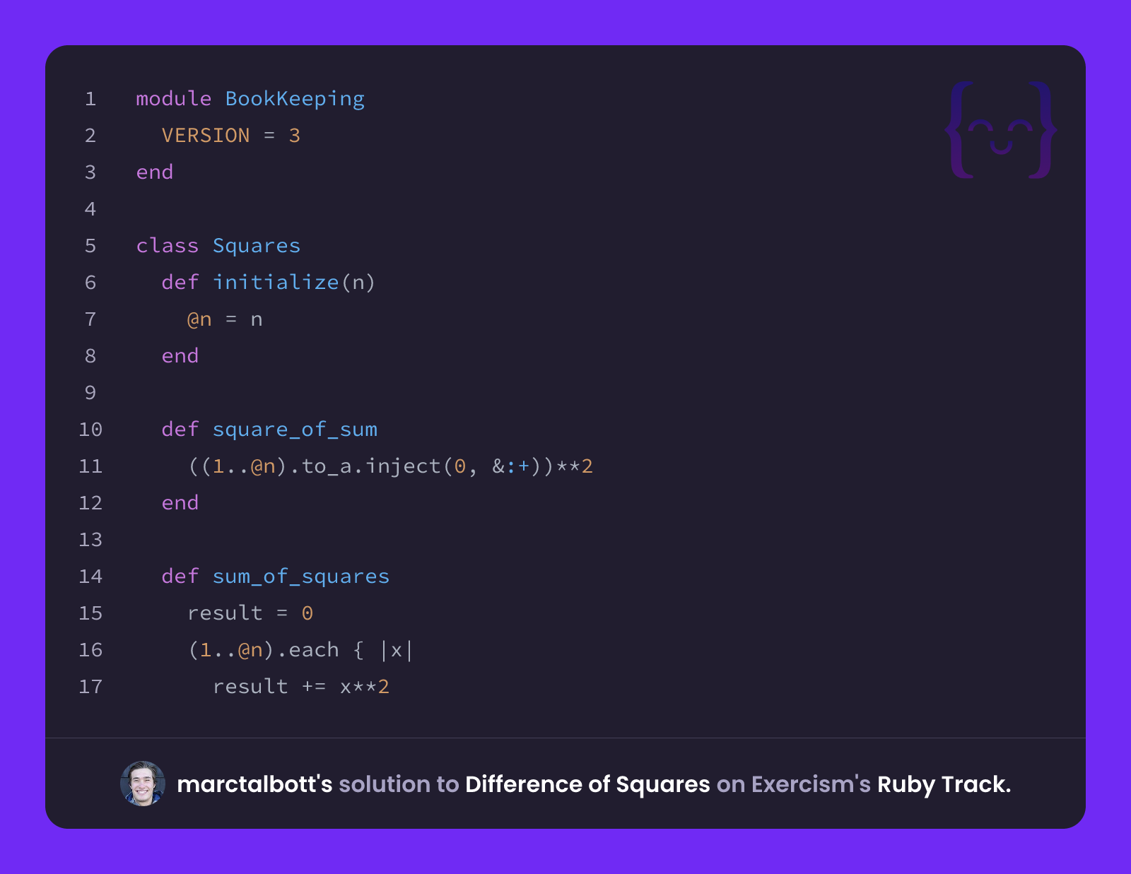 Ruby Talbot marctalbott's solution for Difference of Squares in Ruby on Exercism