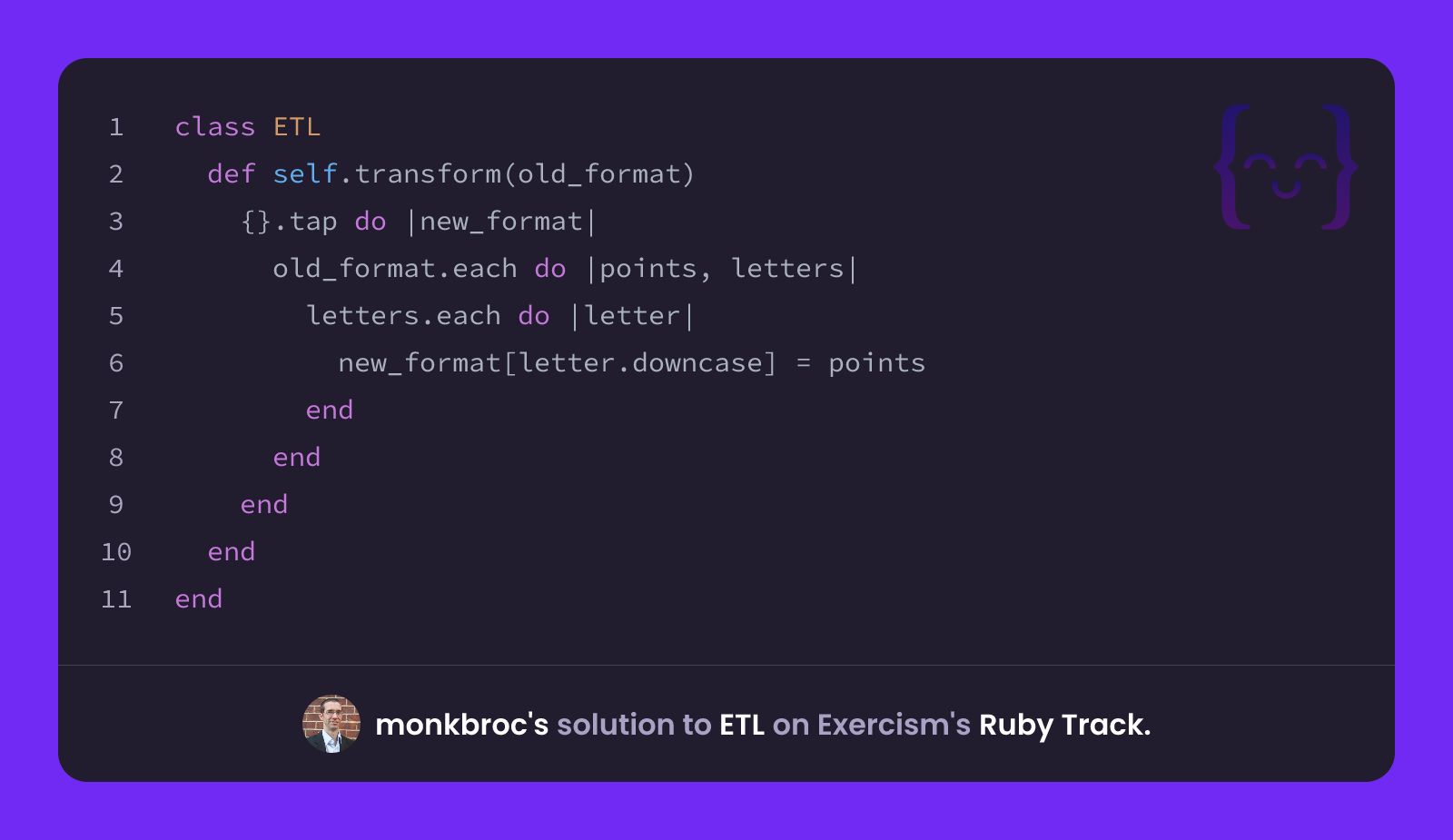 monkbroc's solution for ETL in Ruby on Exercism