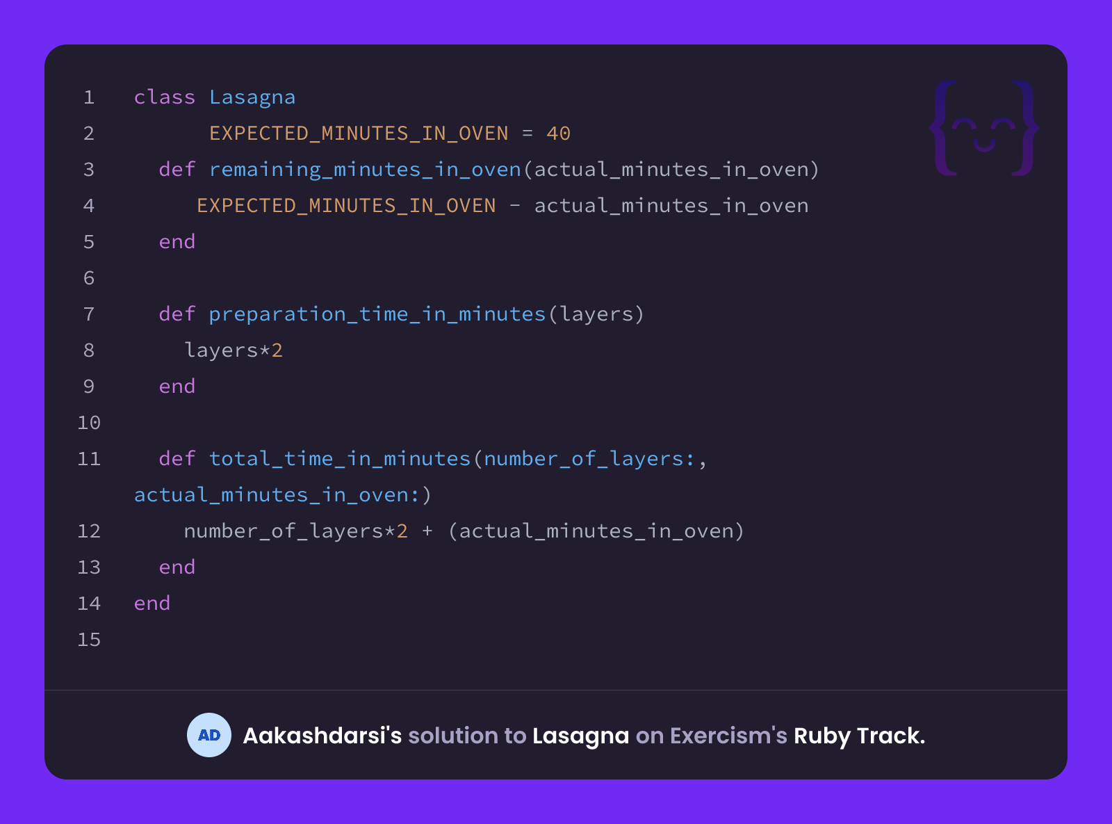Aakashdarsi's solution for Lasagna in Ruby on Exercism