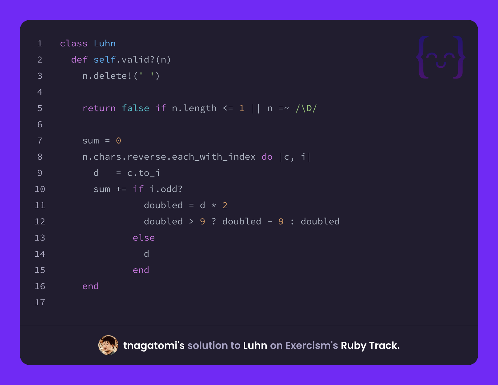 tnagatomi's solution for Luhn in Ruby on Exercism