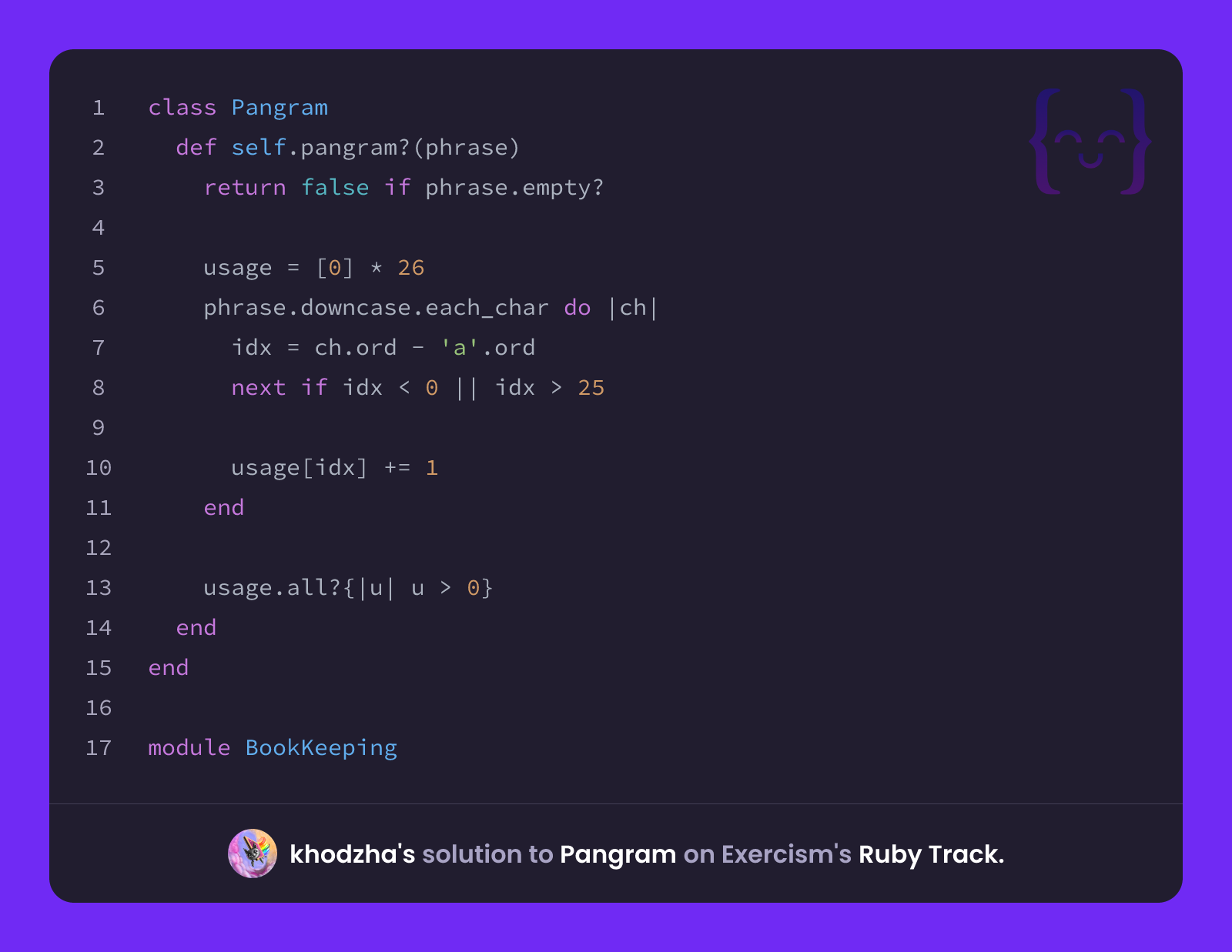 khodzha's solution for Pangram in Ruby on Exercism