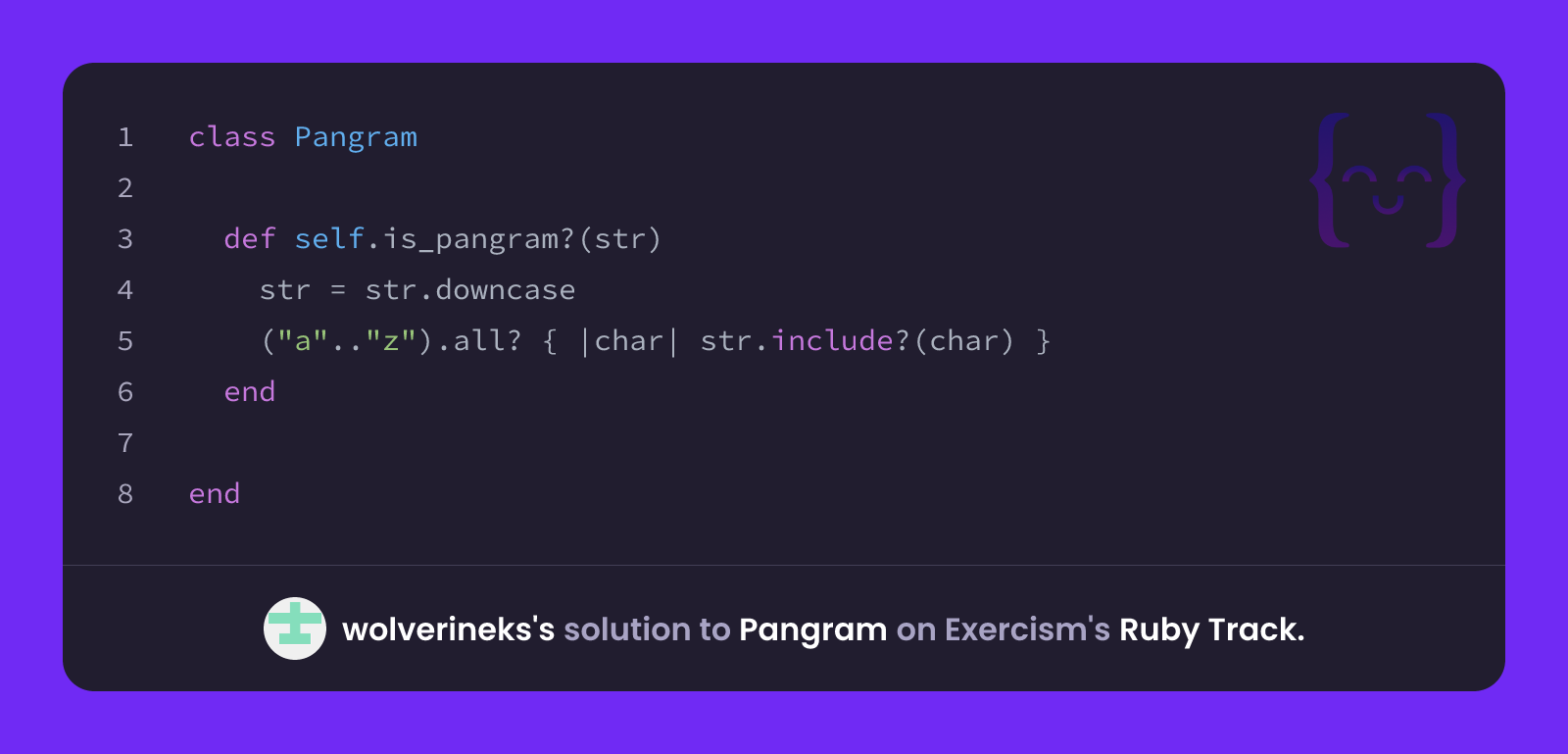 wolverineks's solution for Pangram in Ruby on Exercism