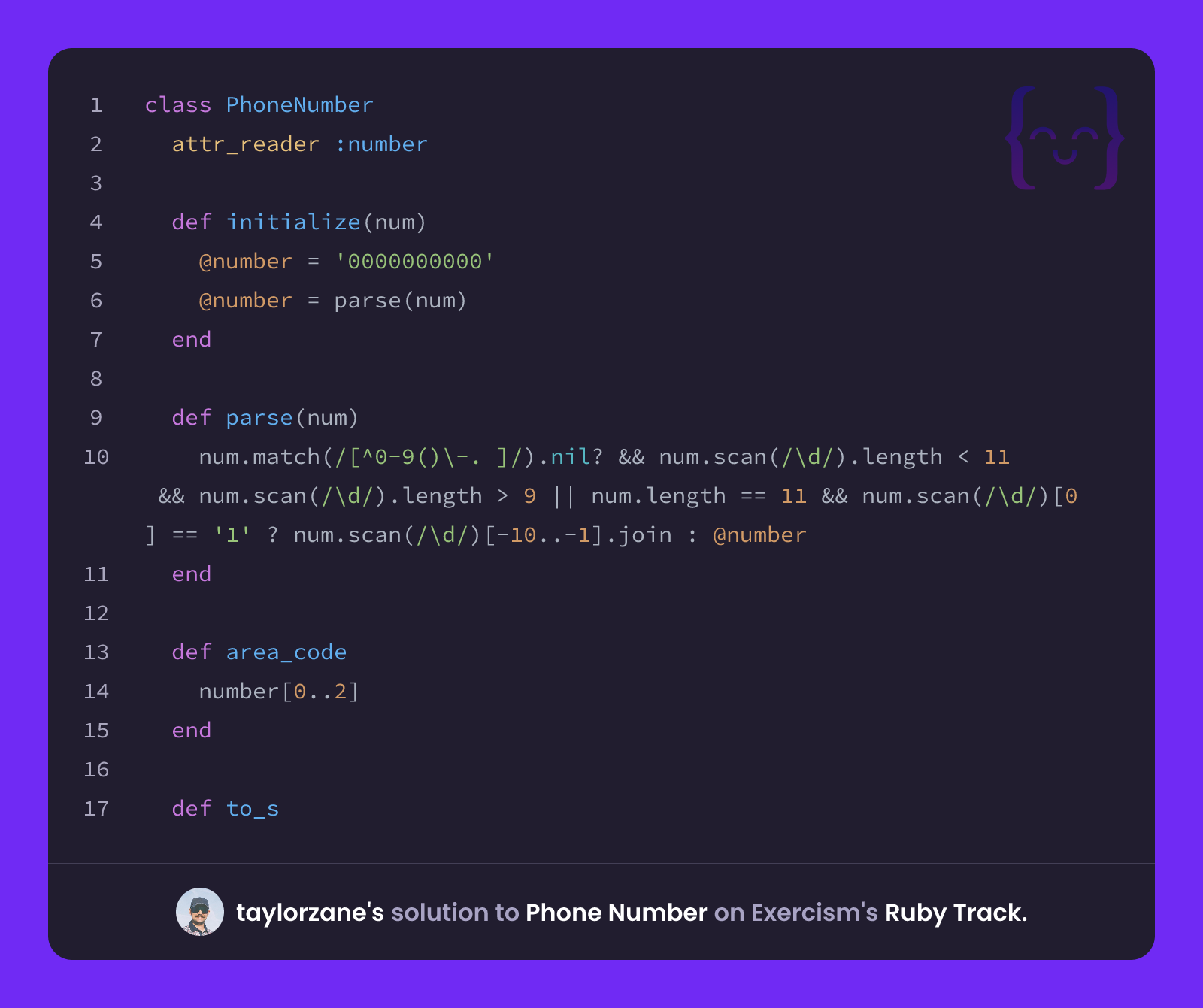 taylorzane's solution for Phone Number in Ruby on Exercism