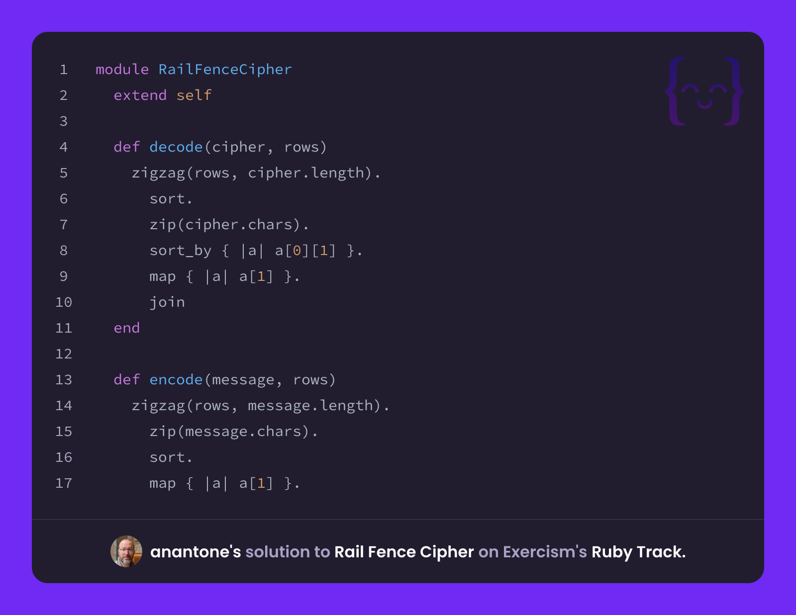 anantone's solution for Rail Fence Cipher in Ruby on Exercism