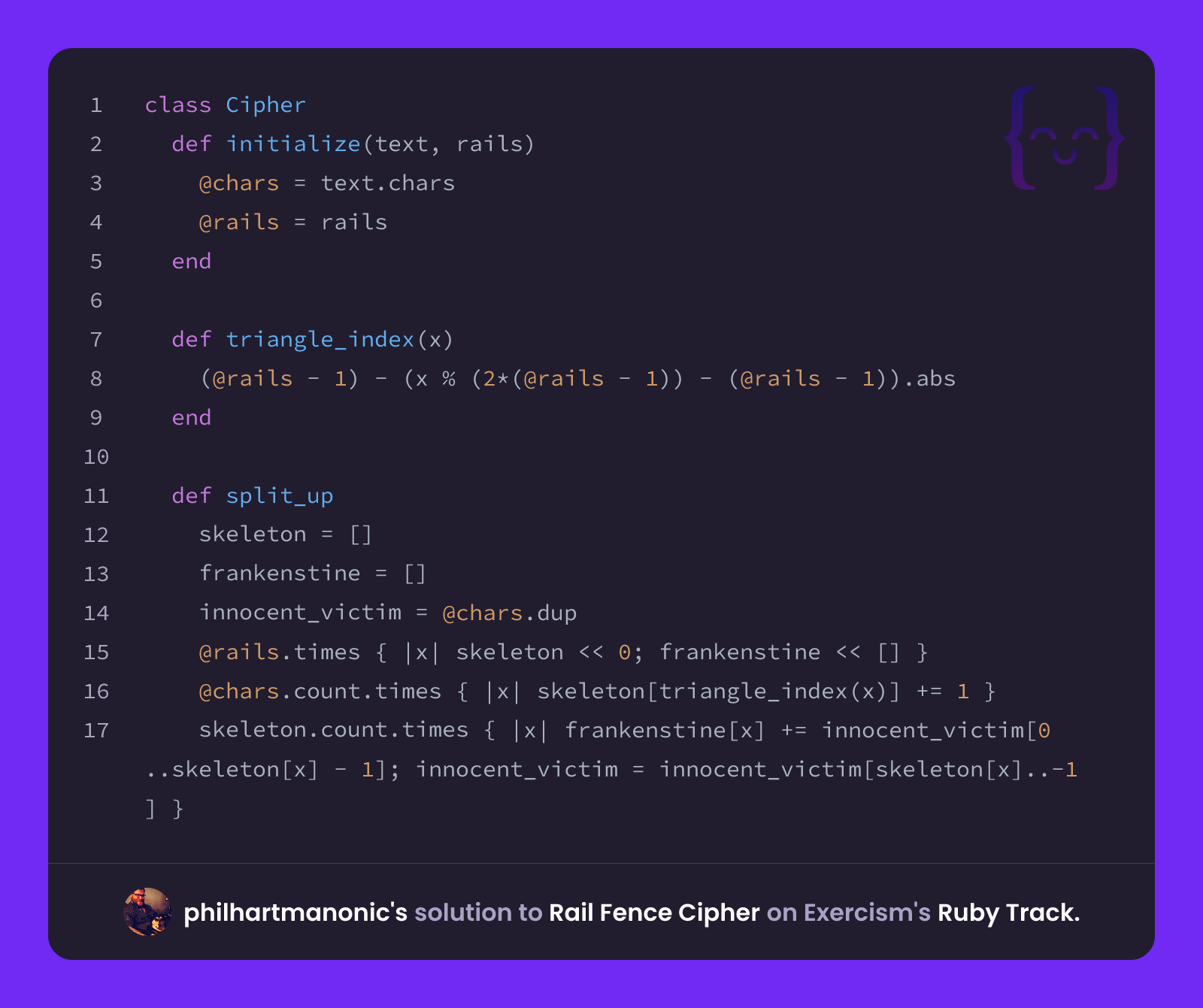 philhartmanonic's solution for Rail Fence Cipher in Ruby on Exercism