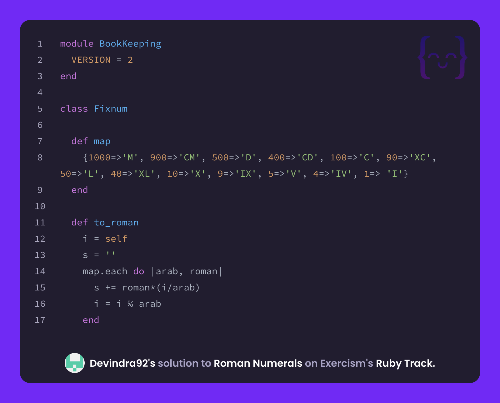 Devindra92's solution for Roman Numerals in Ruby on Exercism