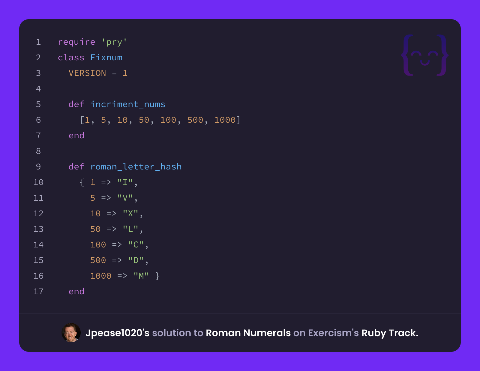 Jpease1020's solution for Roman Numerals in Ruby on Exercism