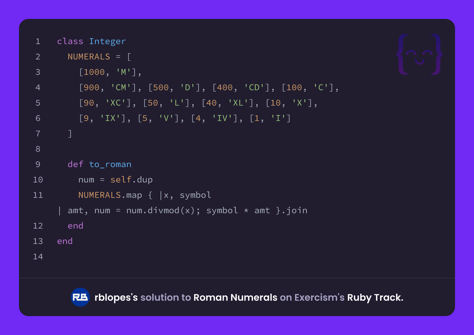 rblopes's solution for Roman Numerals in Ruby on Exercism