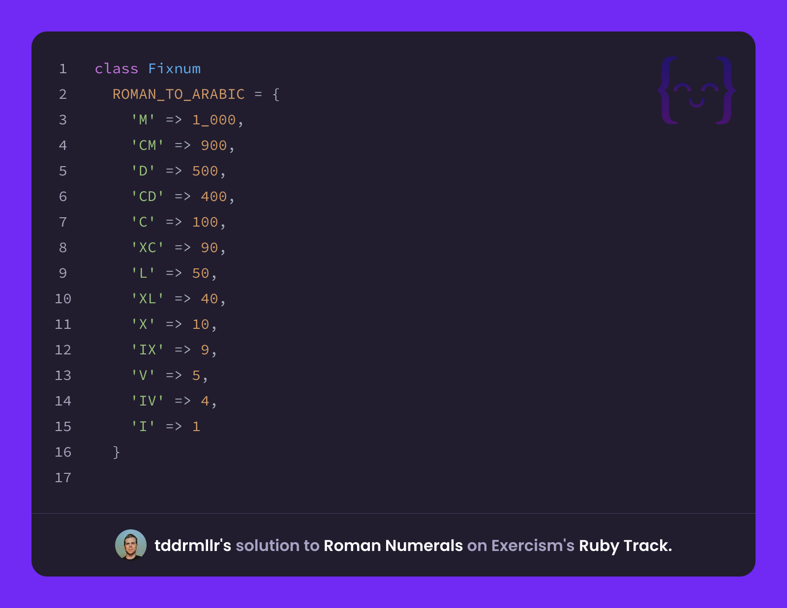 tddrmllr's solution for Roman Numerals in Ruby on Exercism