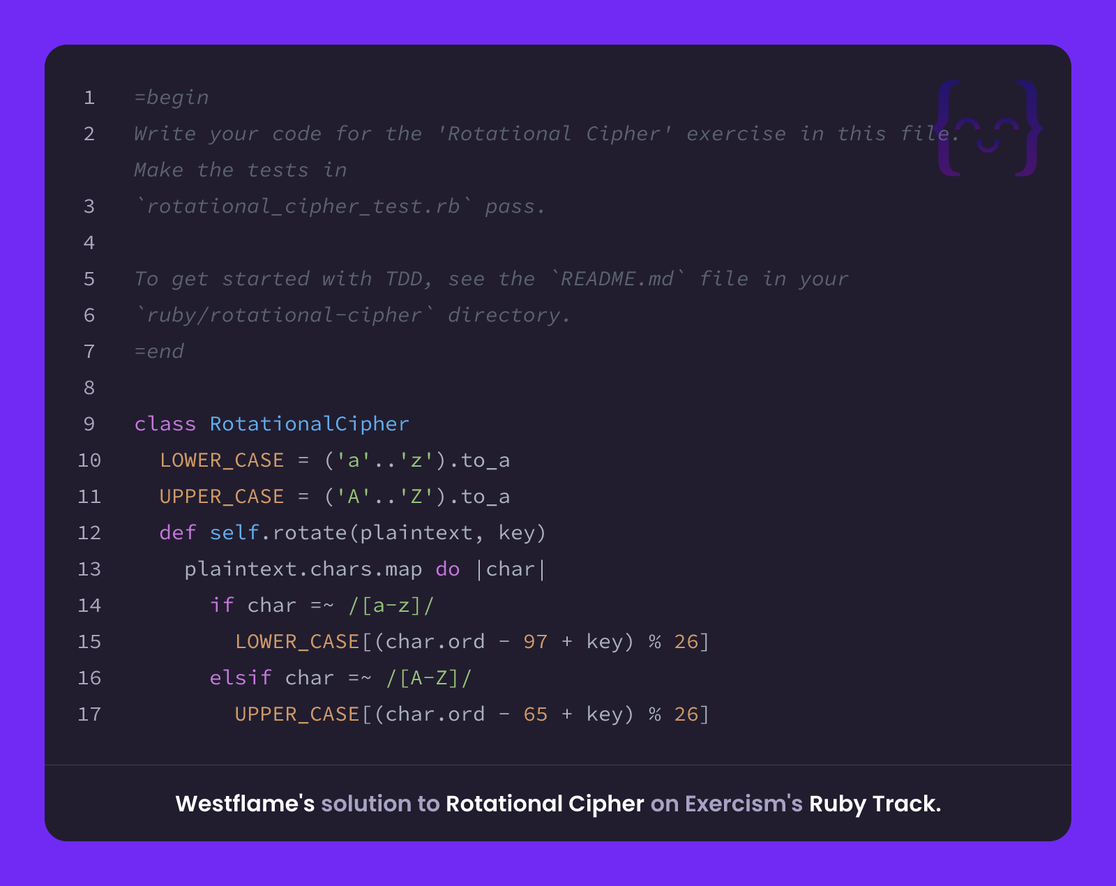 Westflame's solution for Rotational Cipher in Ruby on Exercism