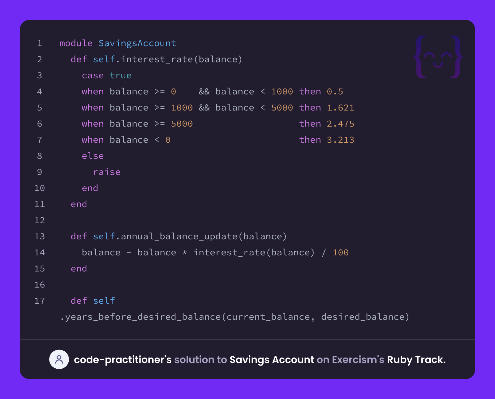 Code Checks Out code-practitioner's solution for Savings Account in Ruby on Exercism