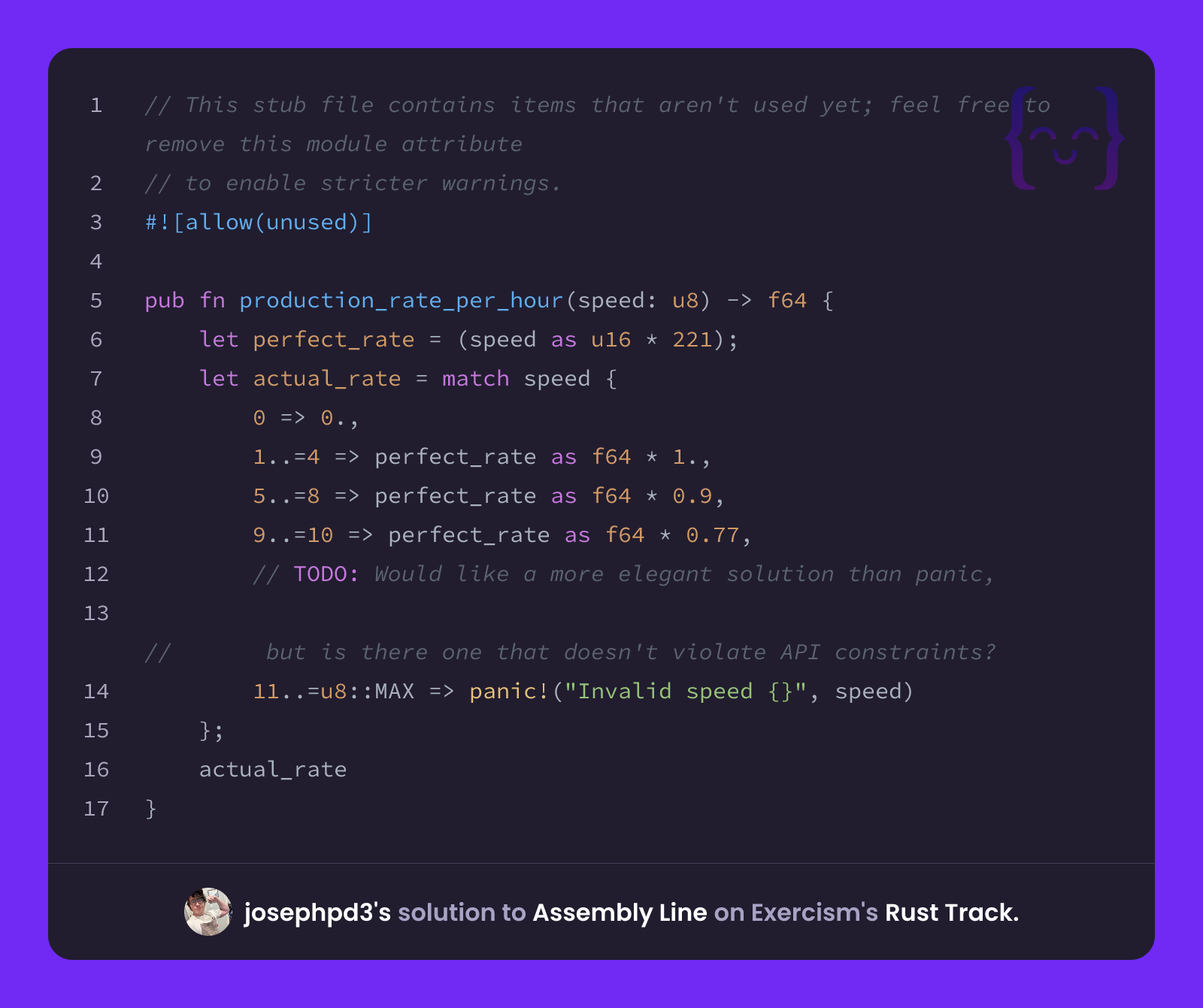josephpd3's solution for Assembly Line in Rust on Exercism