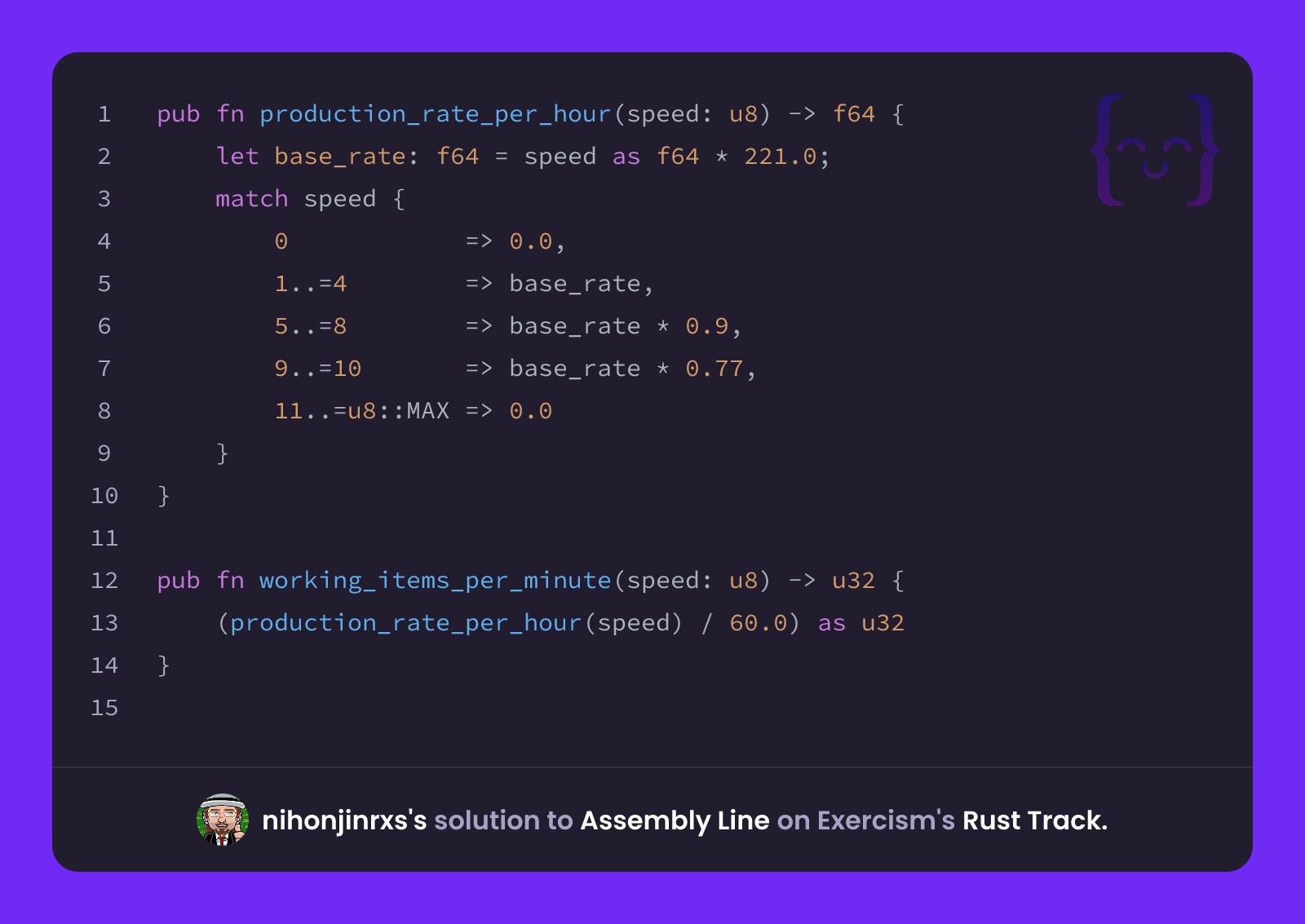 nihonjinrxs's solution for Assembly Line in Rust on Exercism
