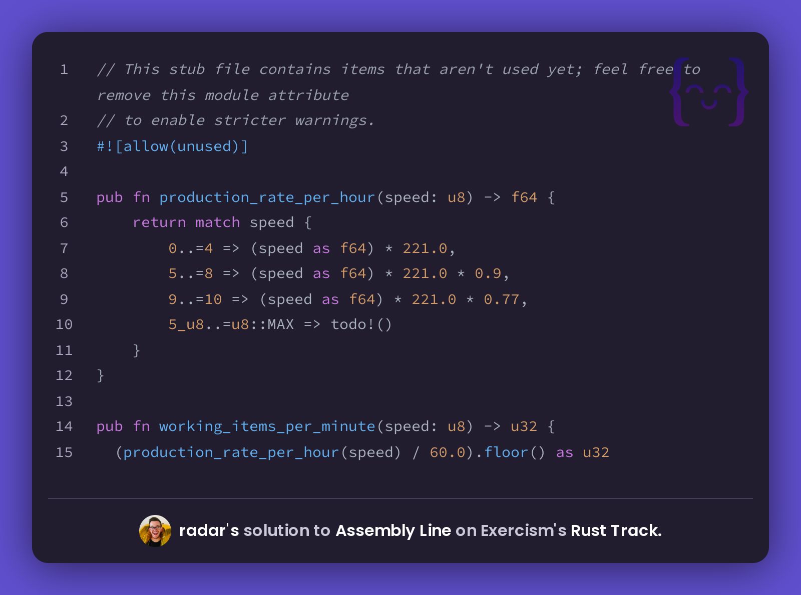 radar's solution for Assembly Line in Rust on Exercism