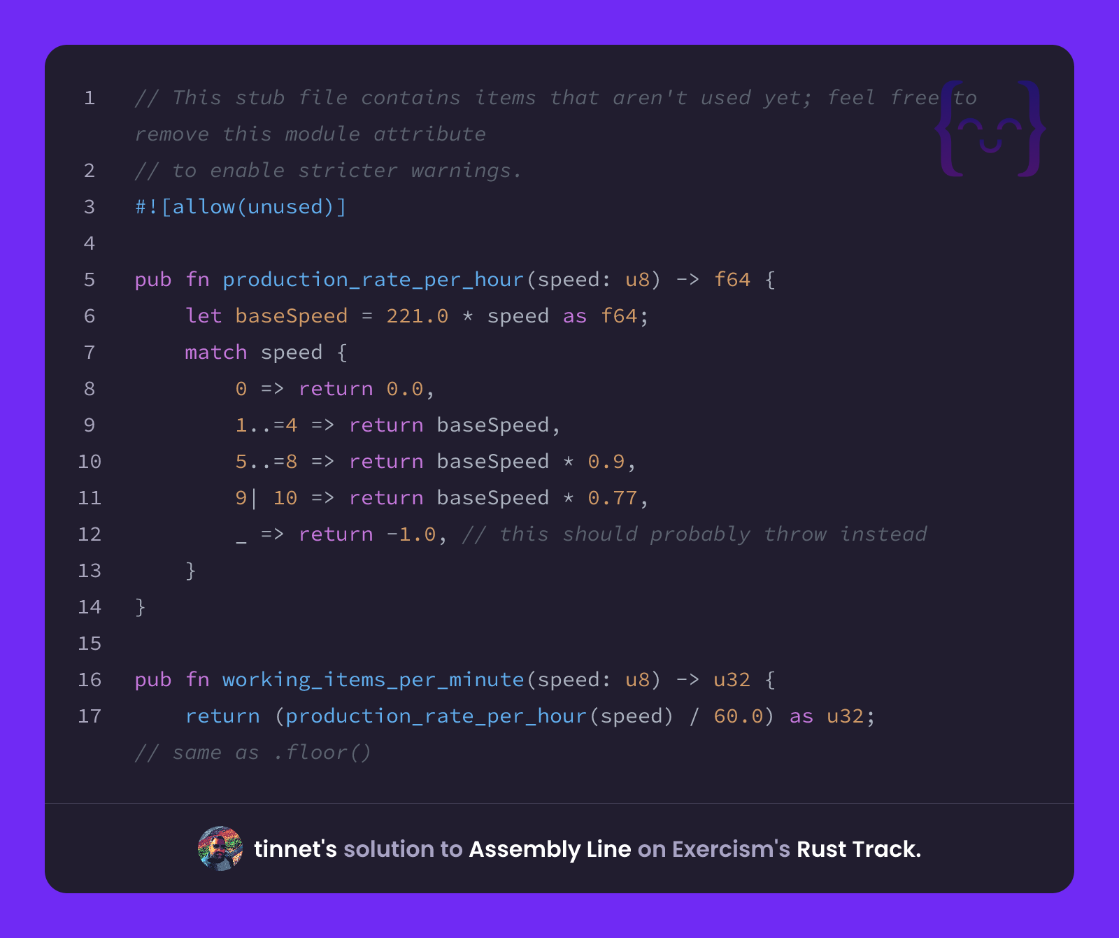 tinnet's solution for Assembly Line in Rust on Exercism