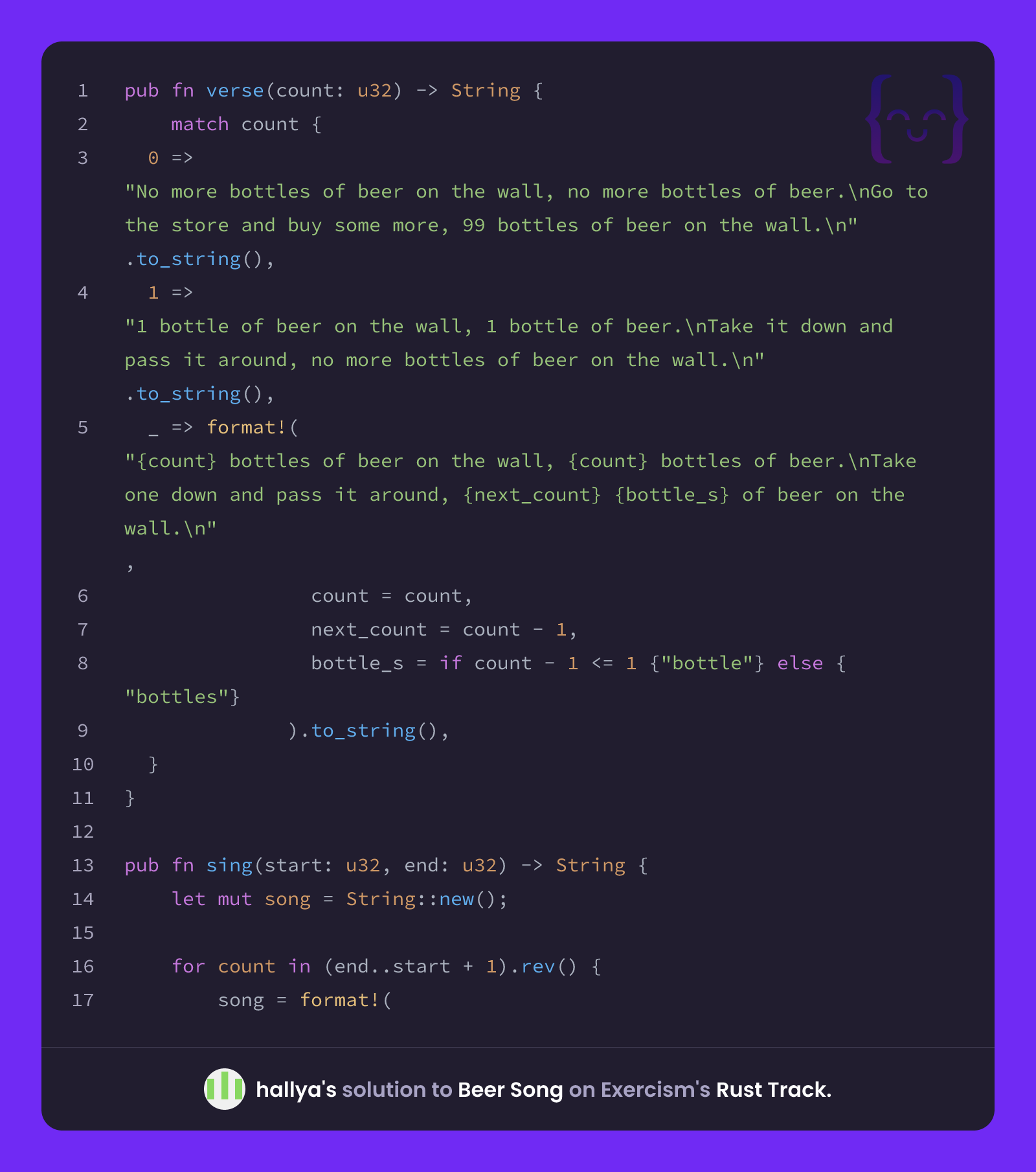 hallya's solution for Beer Song in Rust on Exercism