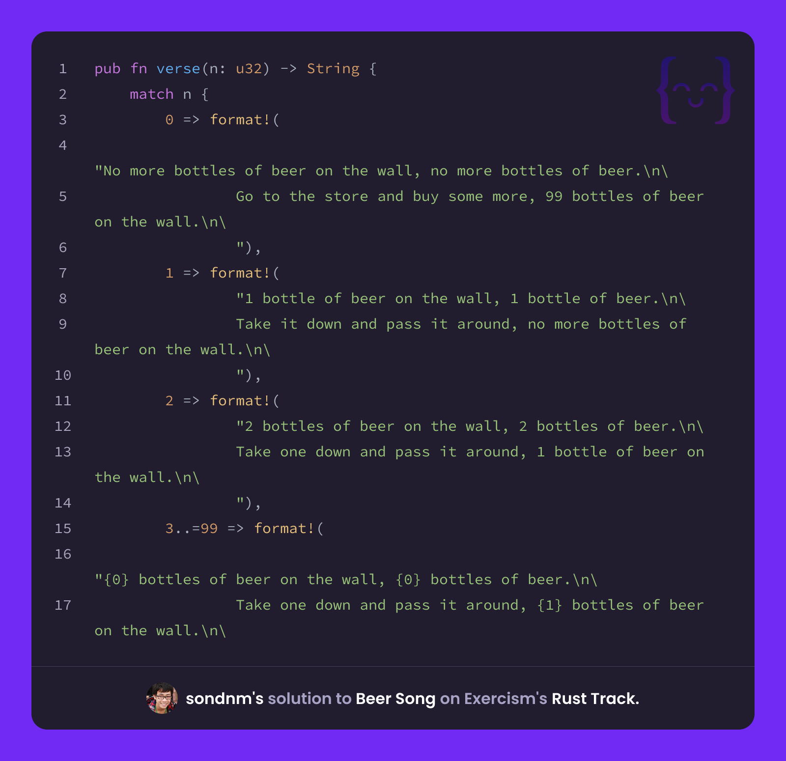 sondnm's solution for Beer Song in Rust on Exercism
