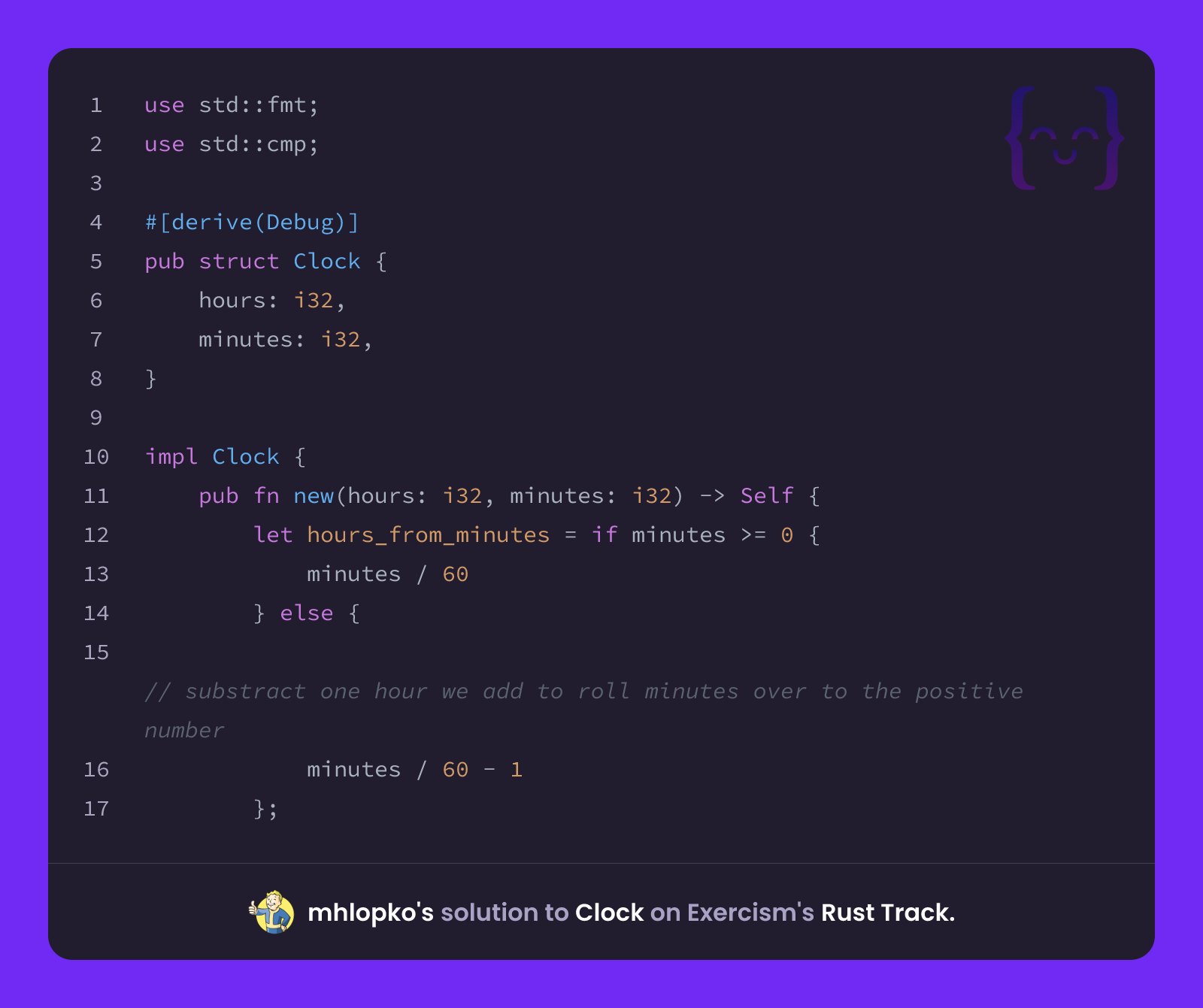 mhlopko's solution for Clock in Rust on Exercism