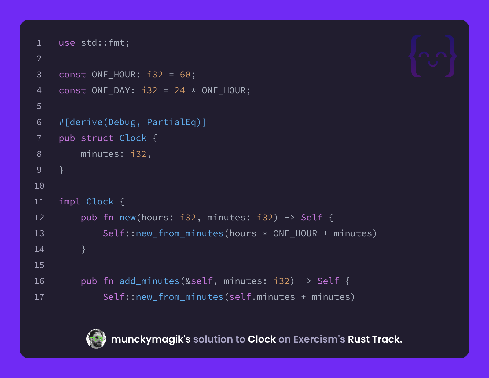 munckymagik's solution for Clock in Rust on Exercism