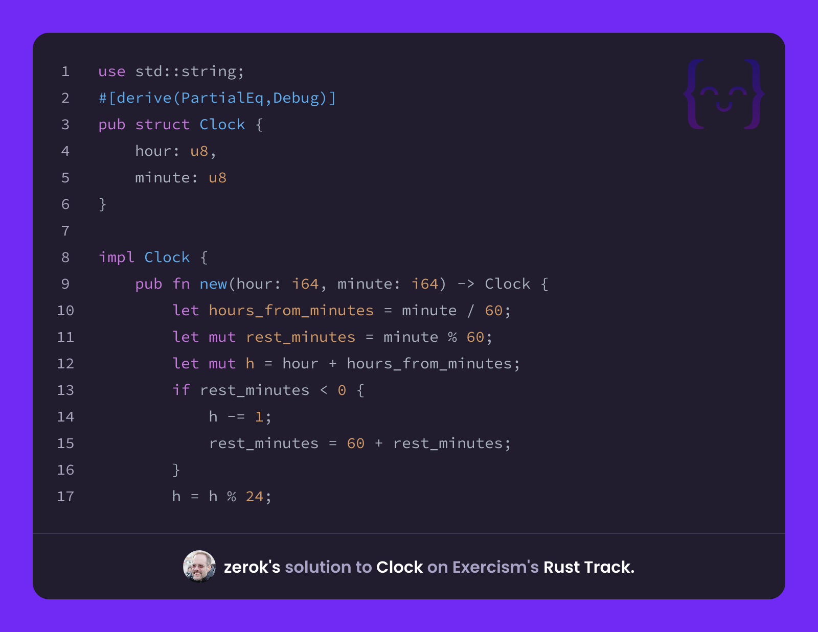 Inscription Clock Solution zerok's solution for Clock in Rust on Exercism