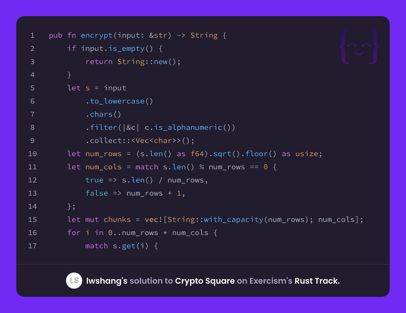 lwshang's solution for Crypto Square in Rust on Exercism