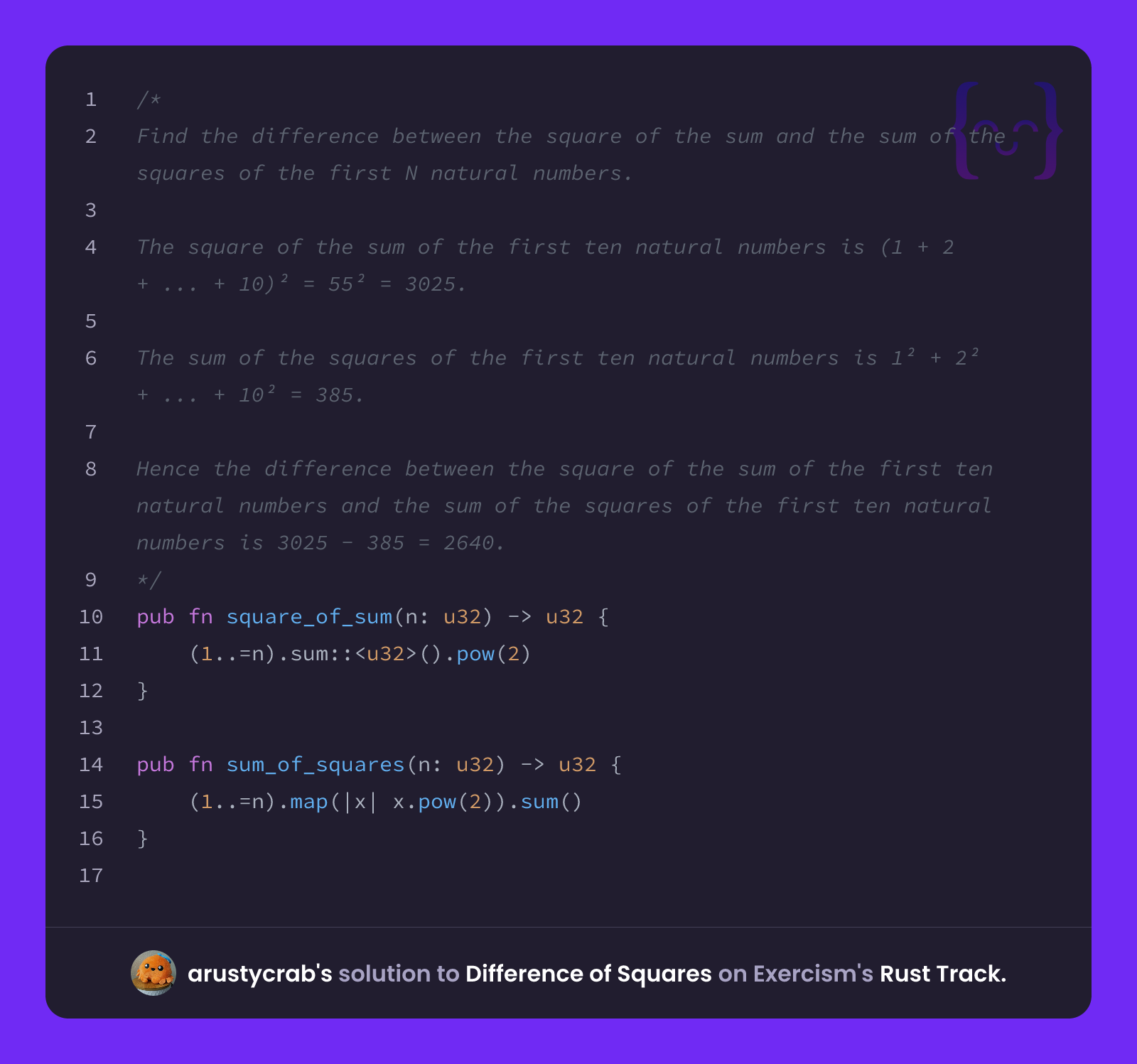 Rust Vrab arustycrab's solution for Difference of Squares in Rust on Exercism