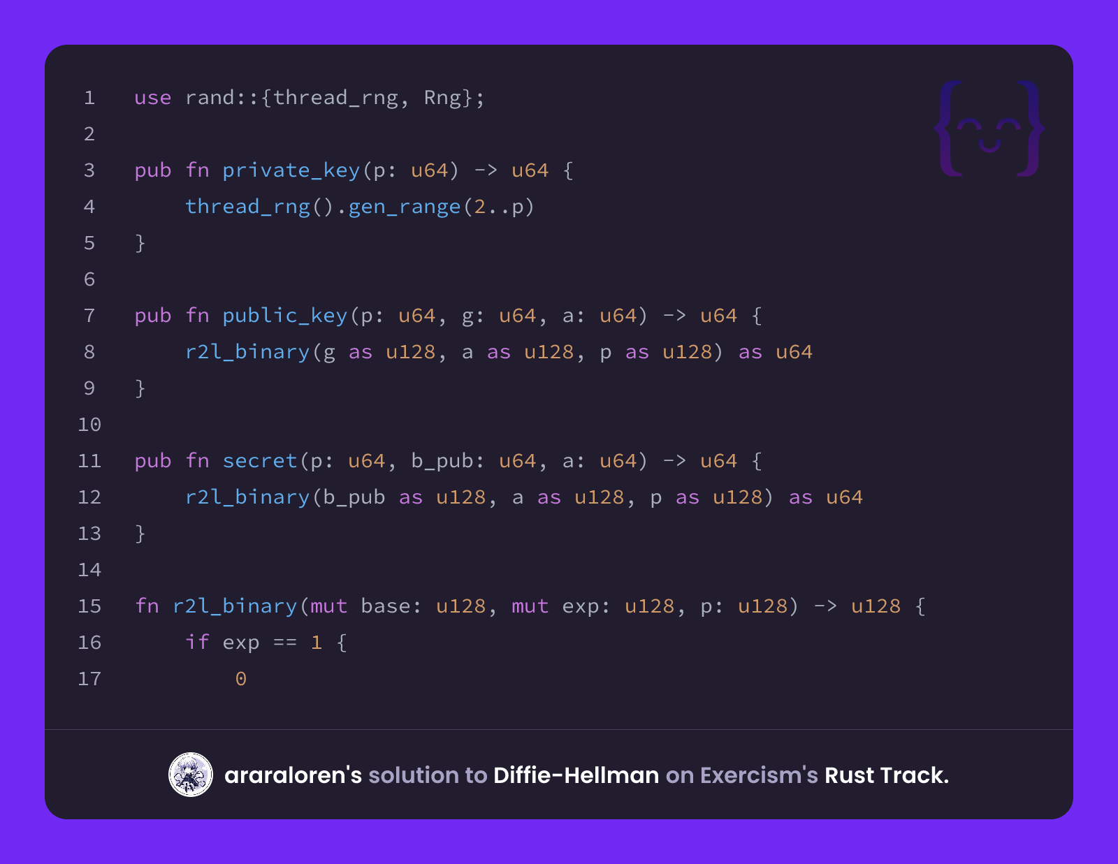 araraloren's solution for Diffie-Hellman in Rust on Exercism