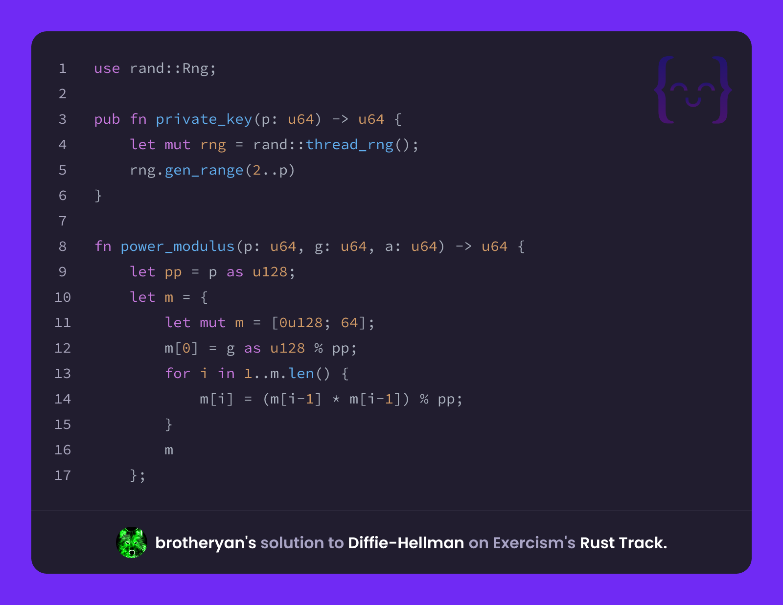 brotheryan's solution for Diffie-Hellman in Rust on Exercism