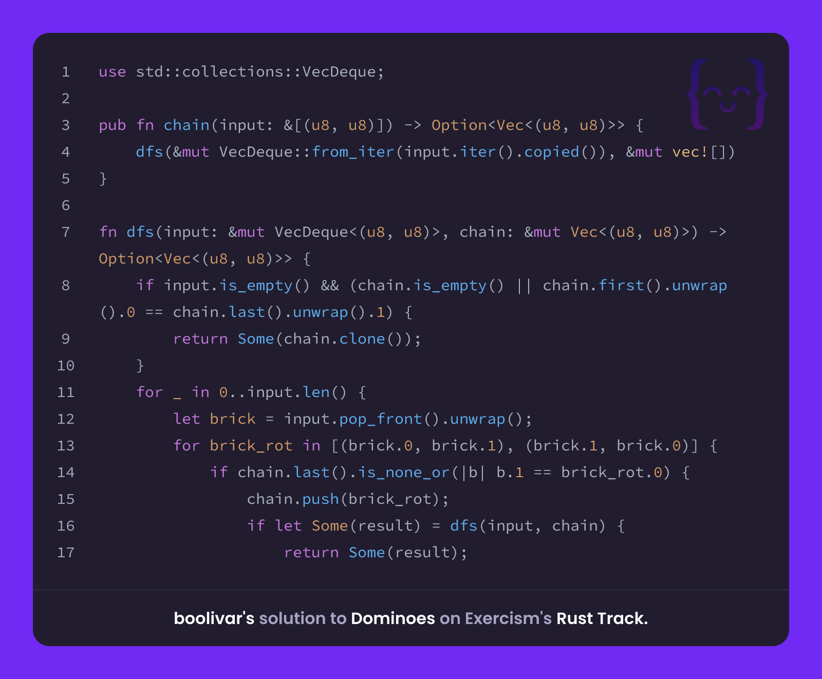 boolivar's solution for Dominoes in Rust on Exercism
