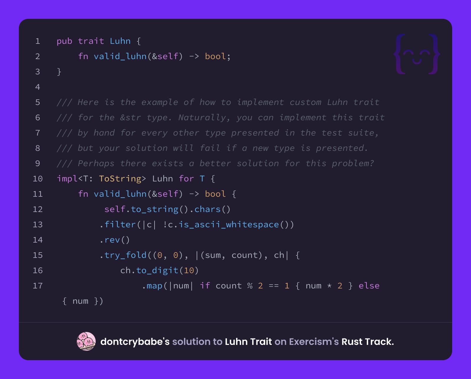 dontcrybabe's solution for Luhn Trait in Rust on Exercism