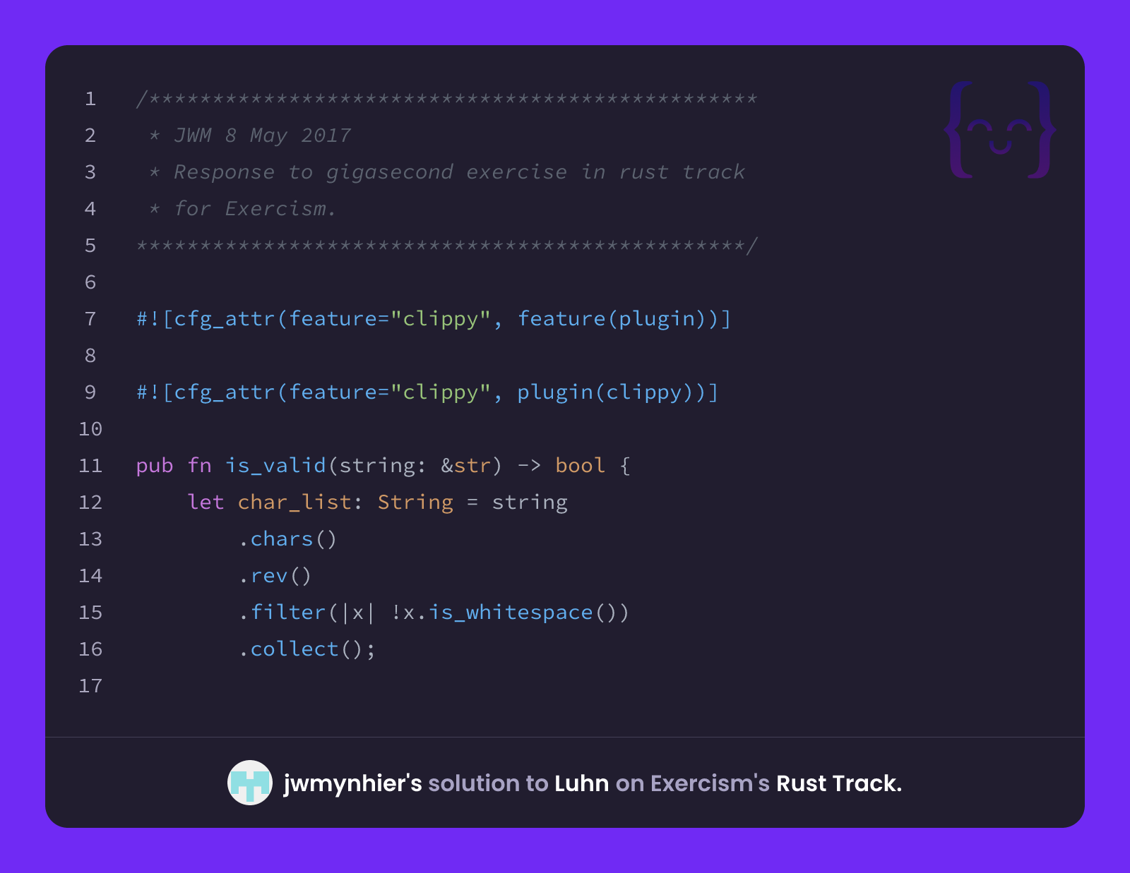 jwmynhier's solution for Luhn in Rust on Exercism