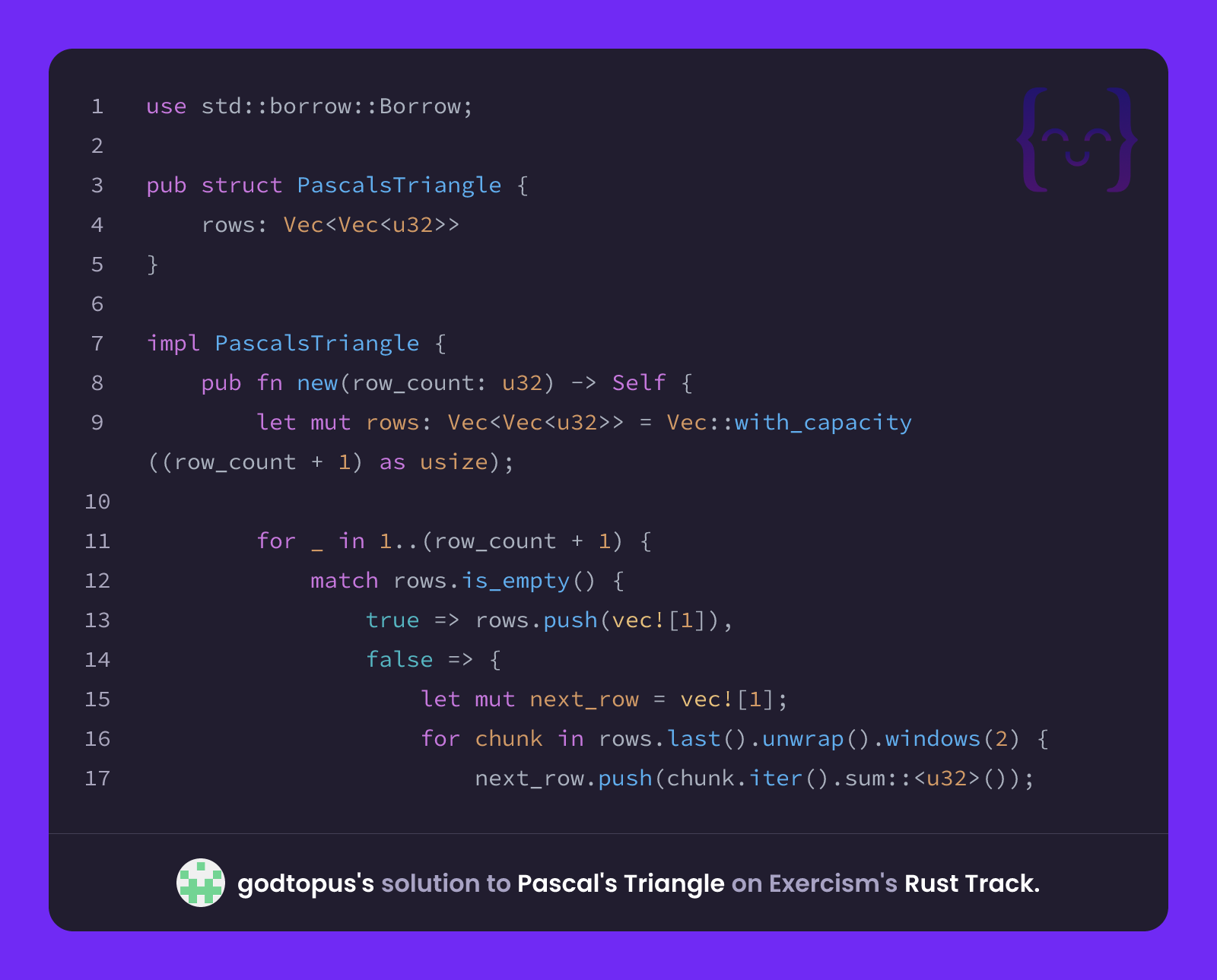 Pascal Vs Rust Code godtopus's solution for Pascal's Triangle in Rust on Exercism