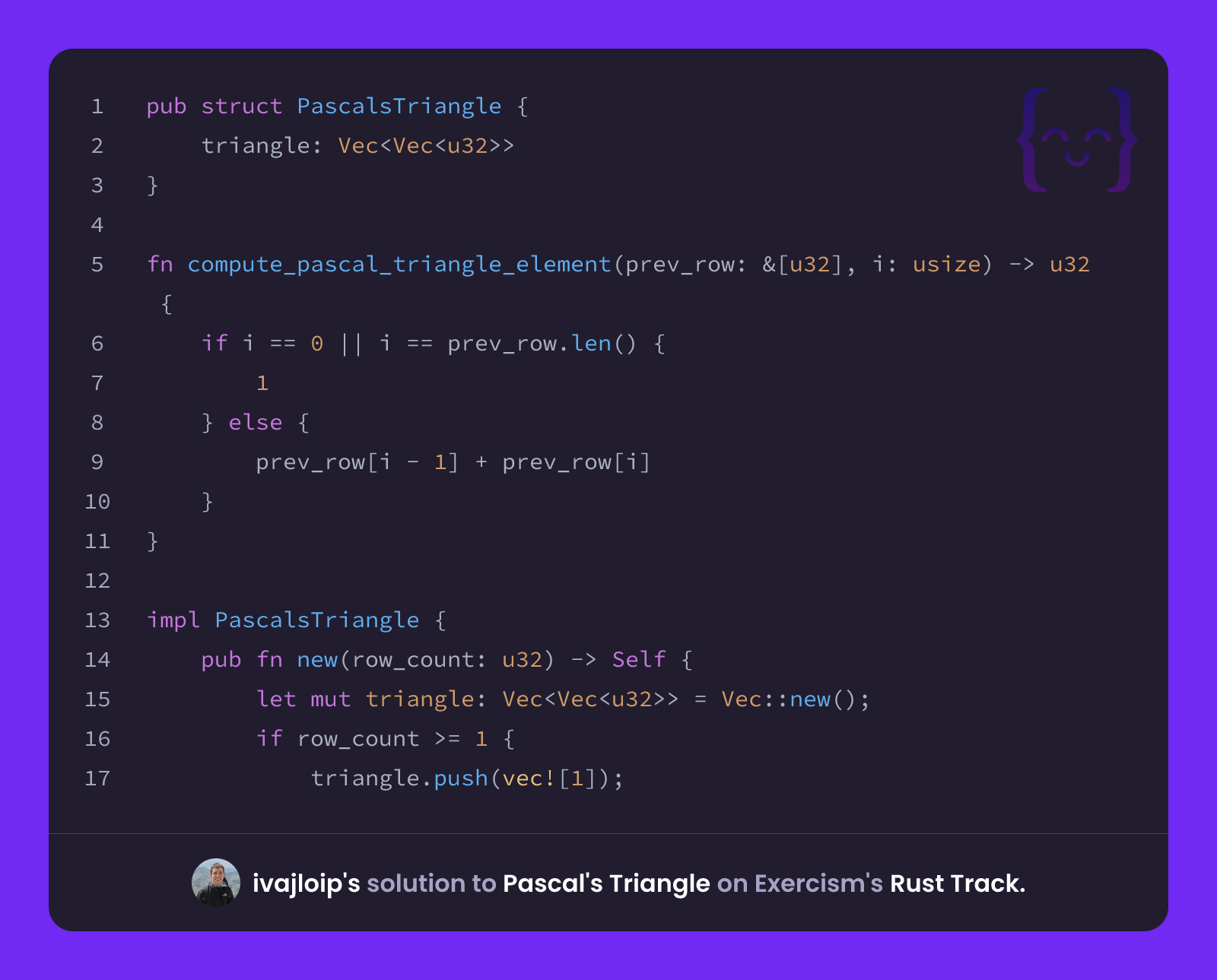 Pascal Vs Rust Code ivajloip's solution for Pascal's Triangle in Rust on Exercism