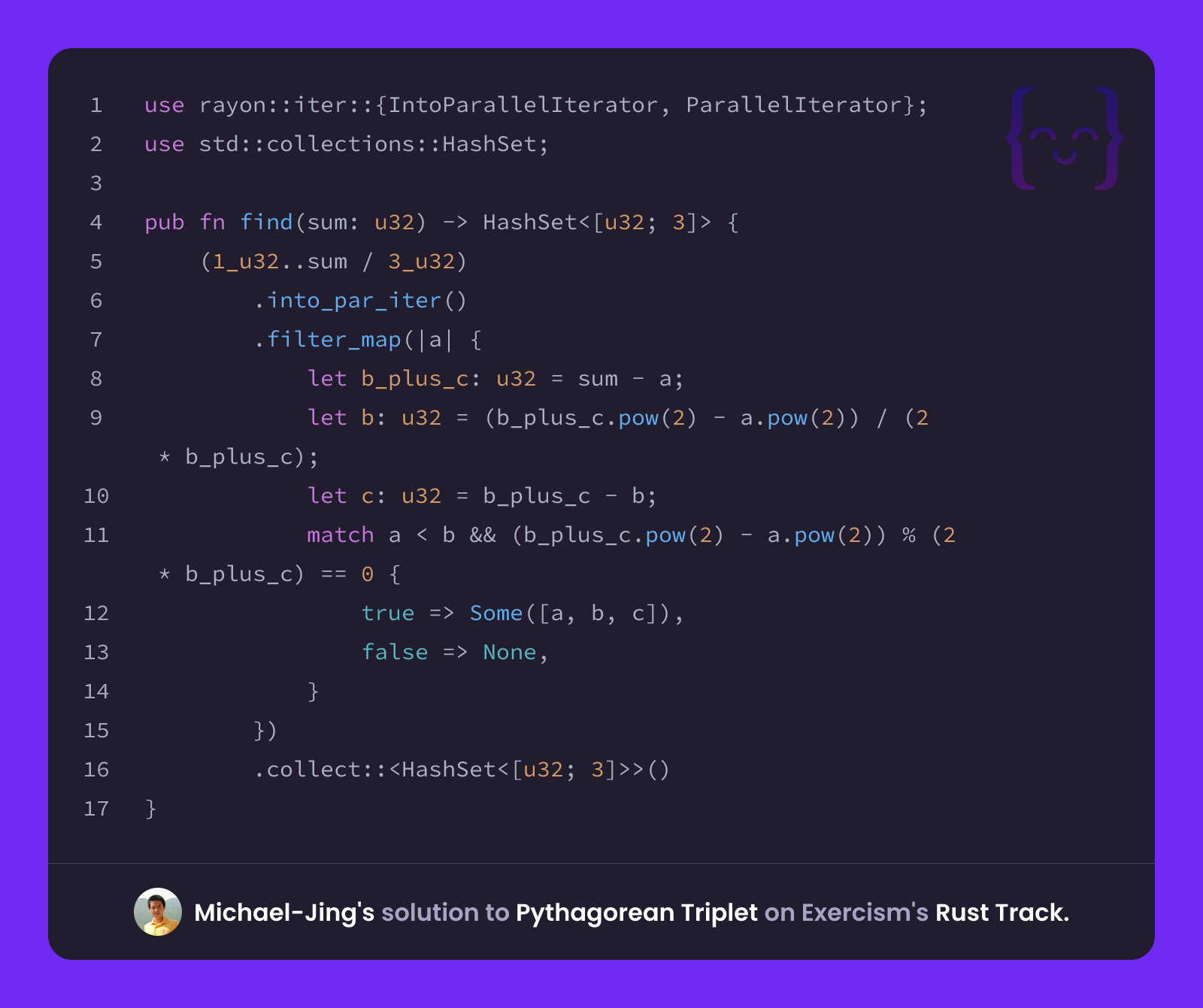 Michael Rust Michael-Jing's solution for Pythagorean Triplet in Rust on Exercism