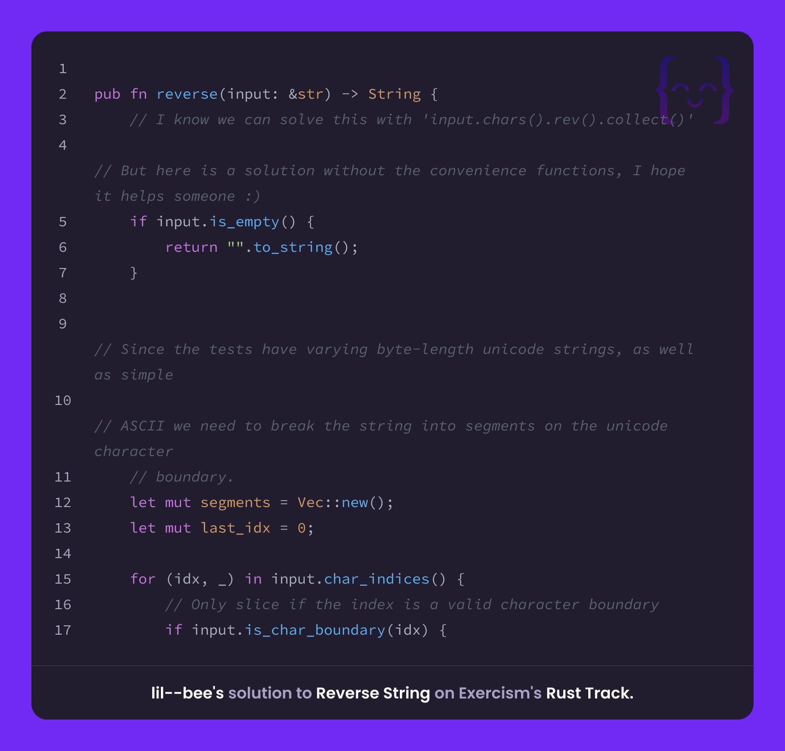 lil--bee's solution for Reverse String in Rust on Exercism