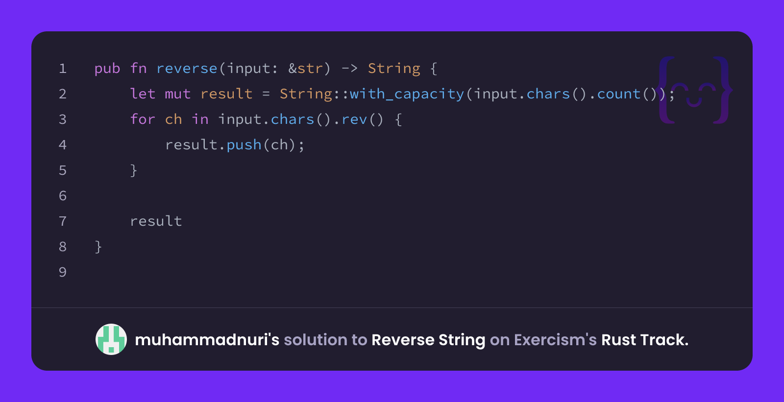 muhammadnuri's solution for Reverse String in Rust on Exercism