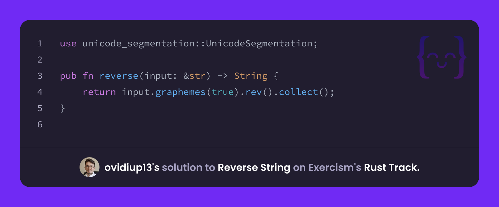 ovidiup13's solution for Reverse String in Rust on Exercism