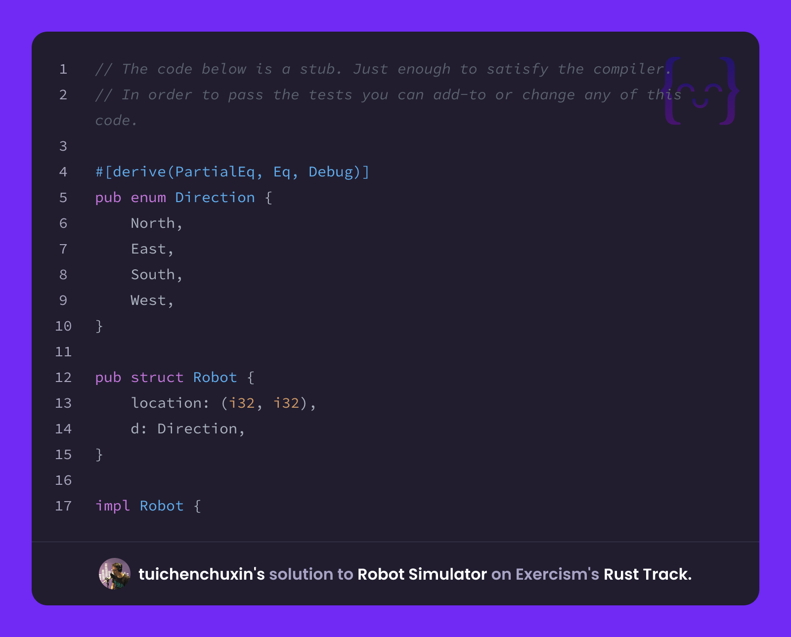 Robot Simulation Exercise tuichenchuxin's solution for Robot Simulator in Rust on Exercism