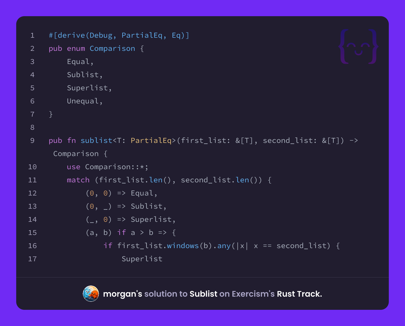 morgan's solution for Sublist in Rust on Exercism
