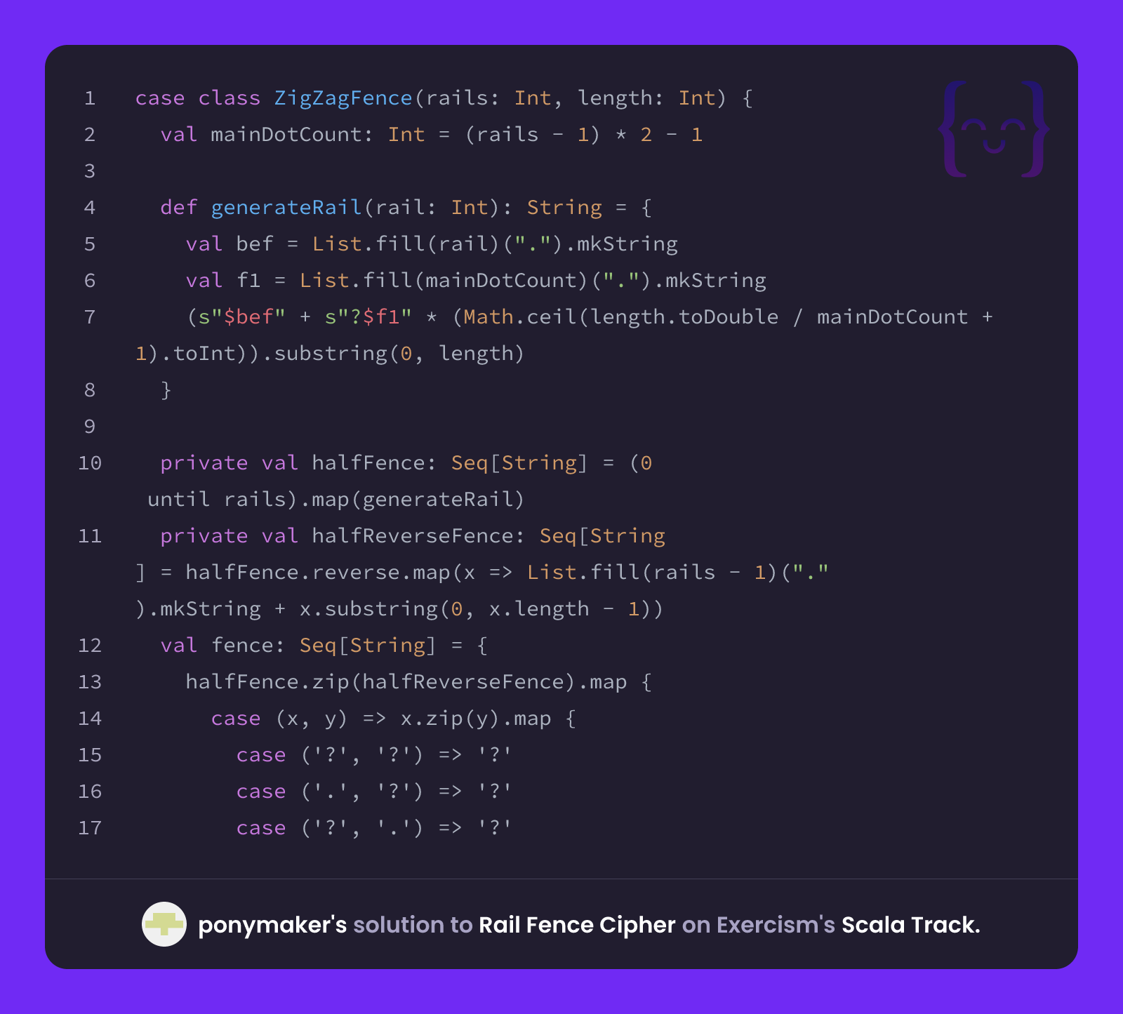 ponymaker's solution for Rail Fence Cipher in Scala on Exercism