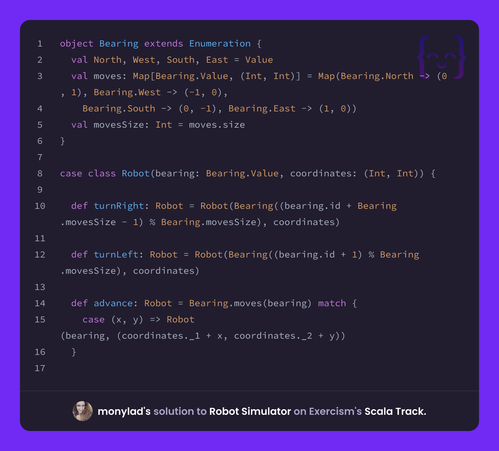 Robot Simulation Exercise monylad's solution for Robot Simulator in Scala on Exercism