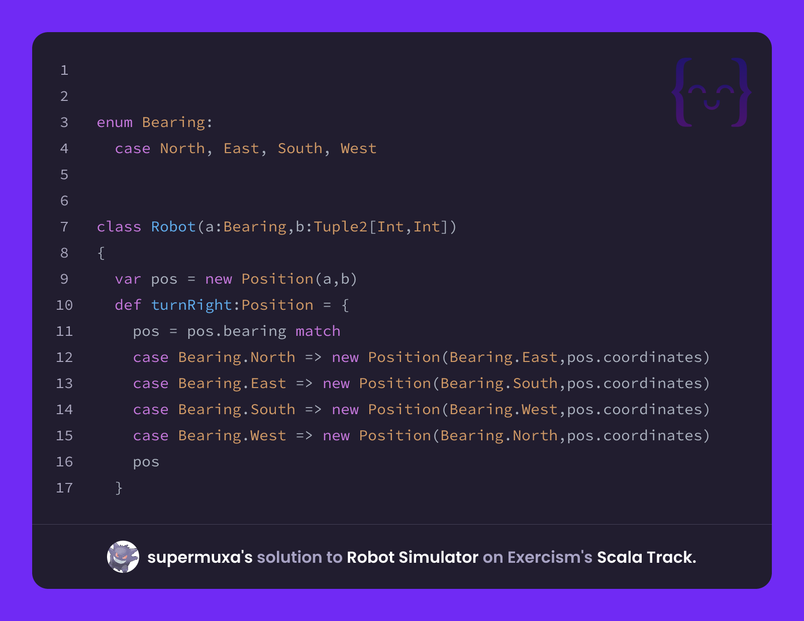 Robot Simulation Exercise supermuxa's solution for Robot Simulator in Scala on Exercism